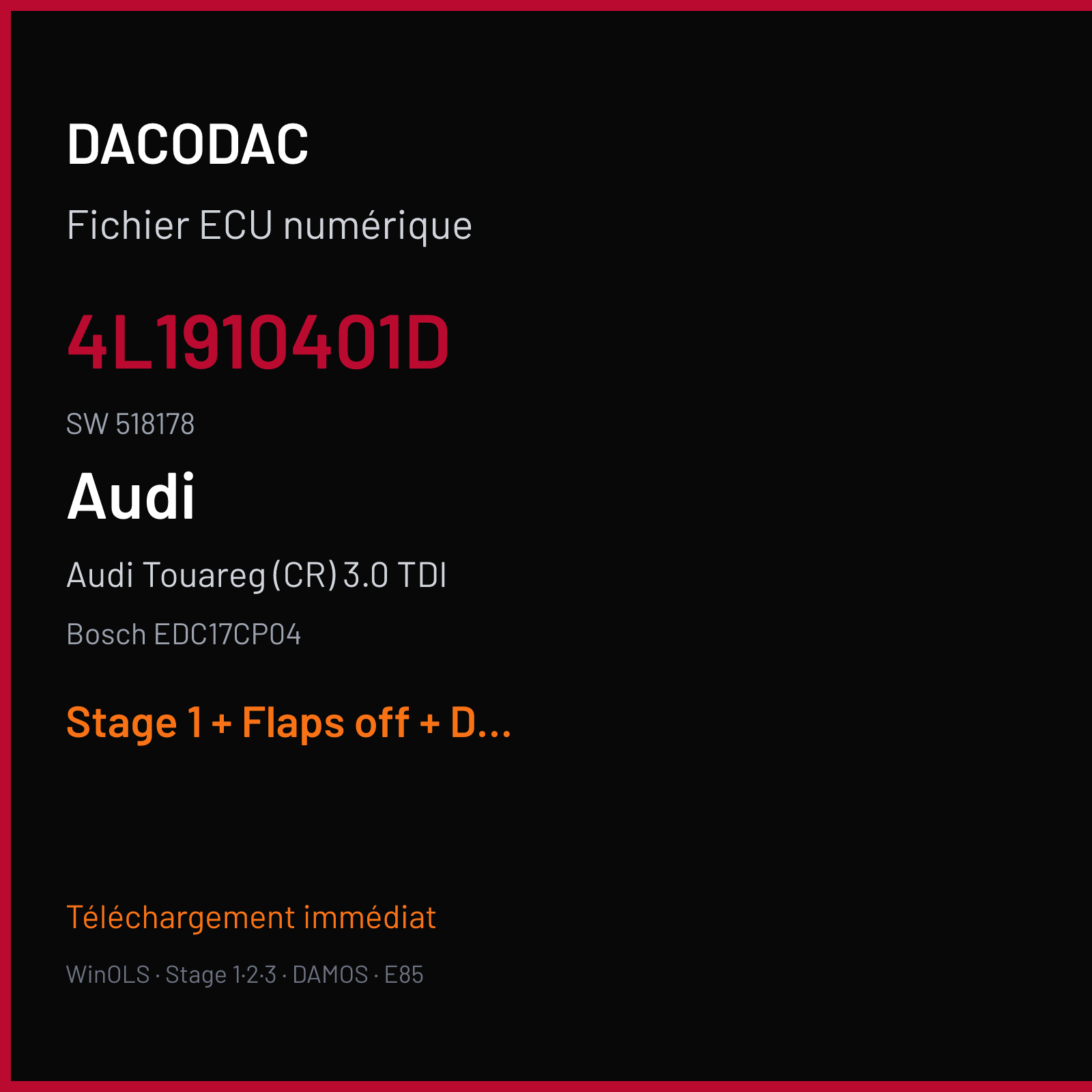 Audi Touareg (CR) 3.0 TDI (2009) — Bosch EDC17CP04 — 4L1910401D · 518178 — Stage 1 + Flaps off + DPF off