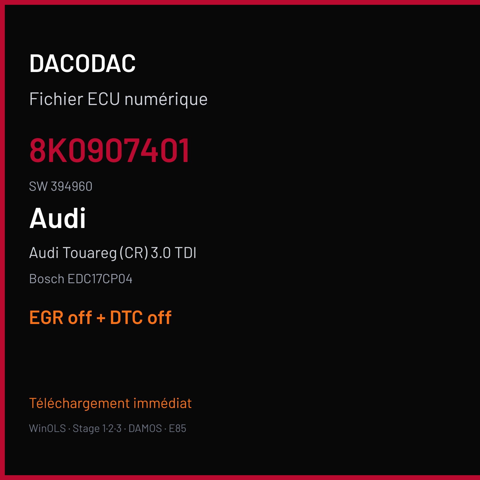 Audi Touareg (CR) 3.0 TDI (2008) — Bosch EDC17CP04 — 8K0907401 · 394960 — EGR off + DTC off