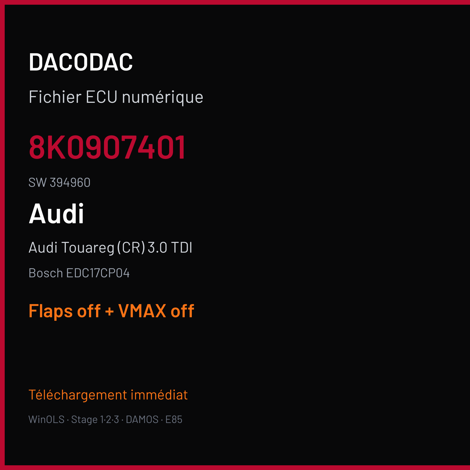 Audi Touareg (CR) 3.0 TDI (2008) — Bosch EDC17CP04 — 8K0907401 · 394960 — Flaps off + VMAX off