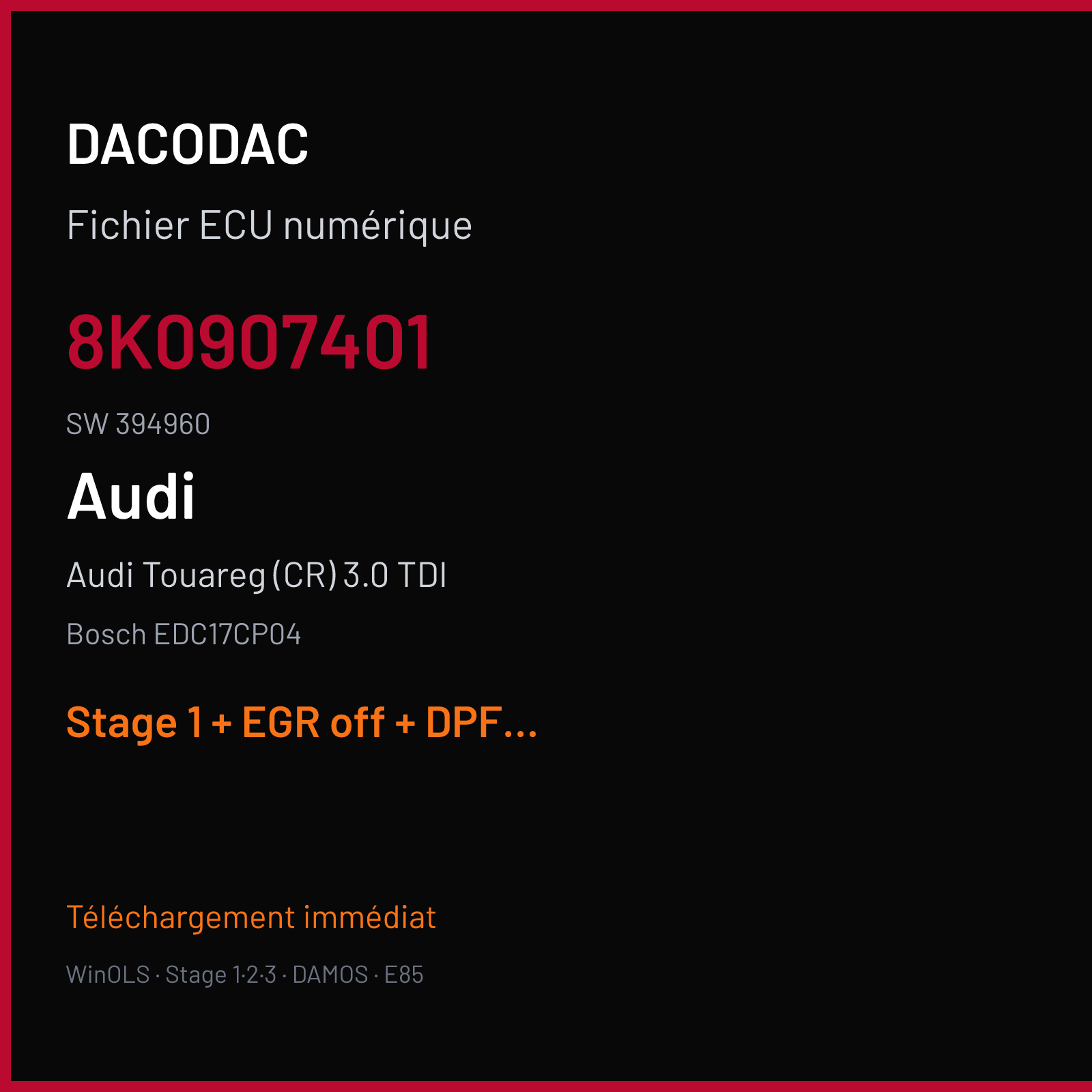 Audi Touareg (CR) 3.0 TDI (2008) — Bosch EDC17CP04 — 8K0907401 · 394960 — Stage 1 + EGR off + DPF off