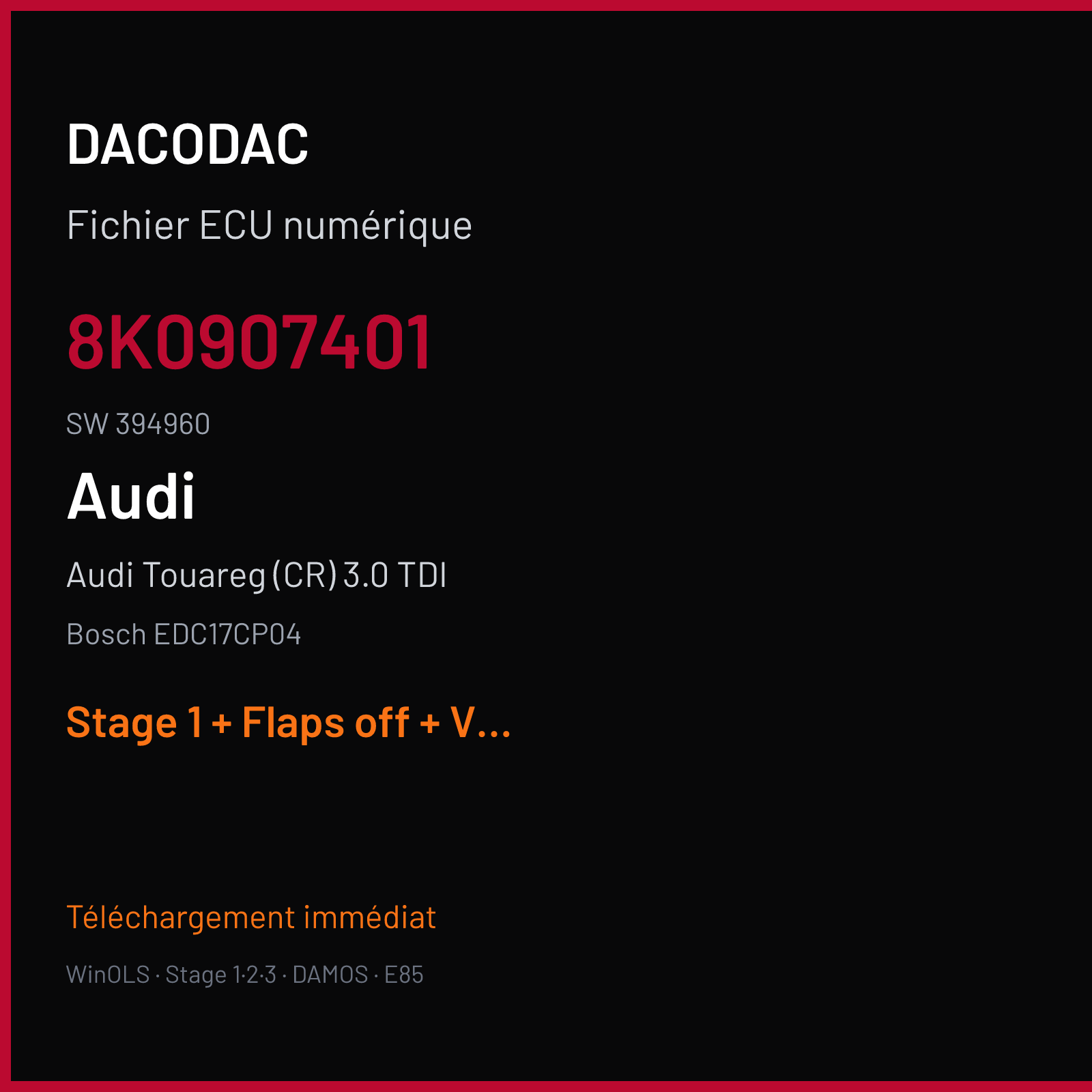 Audi Touareg (CR) 3.0 TDI (2008) — Bosch EDC17CP04 — 8K0907401 · 394960 — Stage 1 + Flaps off + VMAX off