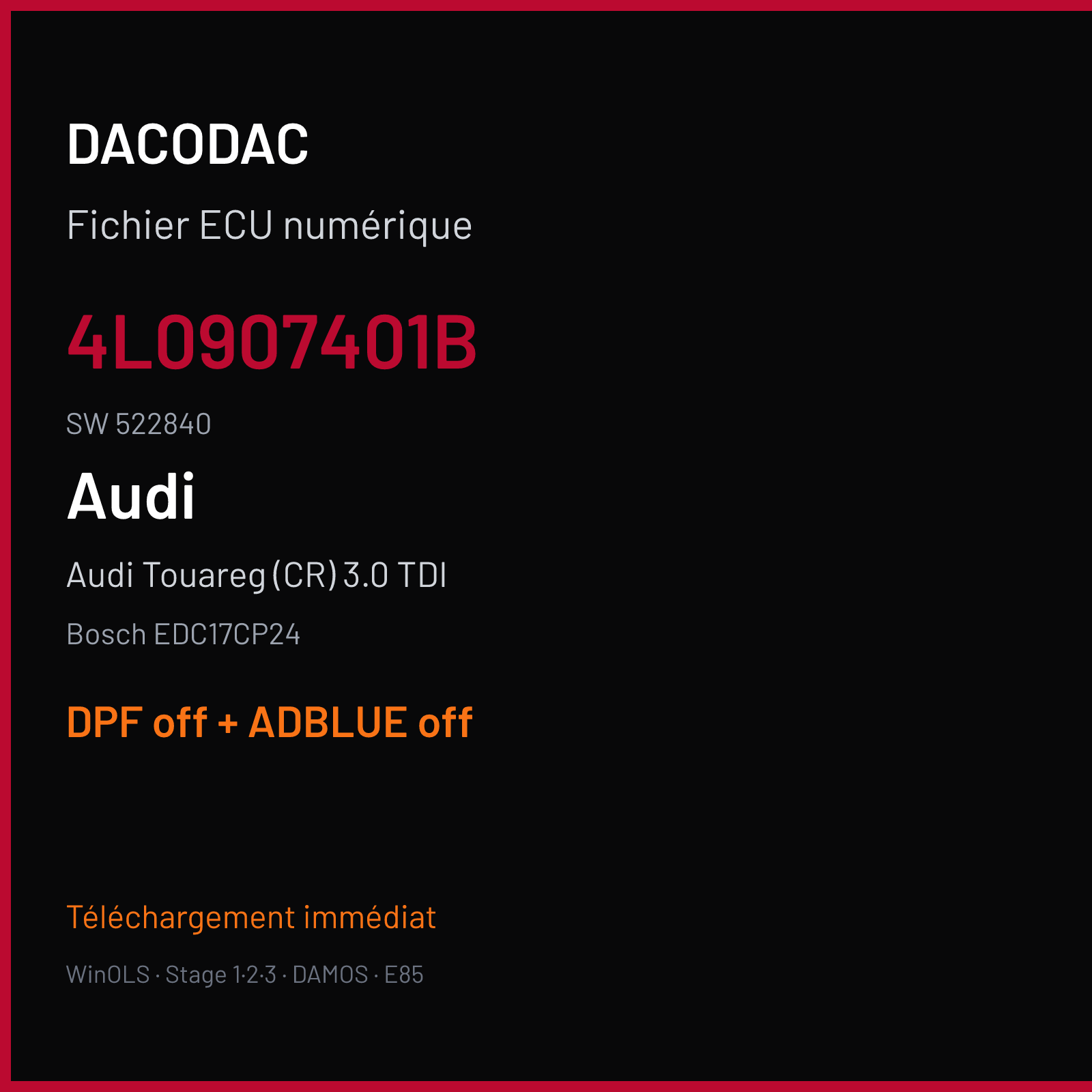 Audi Touareg (CR) 3.0 TDI (2011) — Bosch EDC17CP24 — 4L0907401B · 522840 — DPF off + ADBLUE off