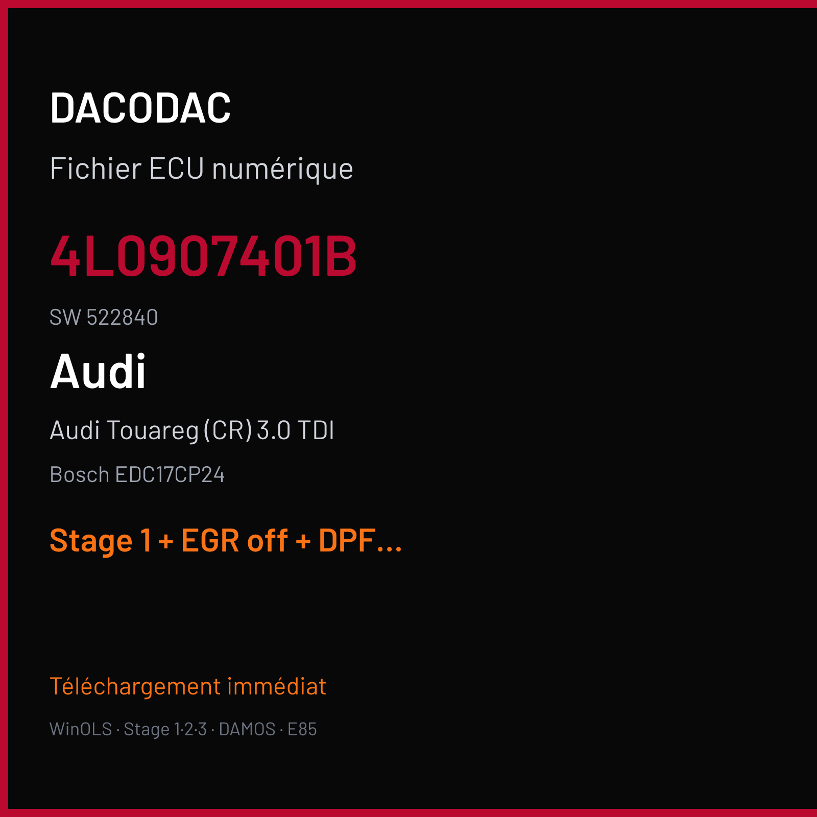 Audi Touareg (CR) 3.0 TDI (2011) — Bosch EDC17CP24 — 4L0907401B · 522840 — Stage 1 + EGR off + DPF off