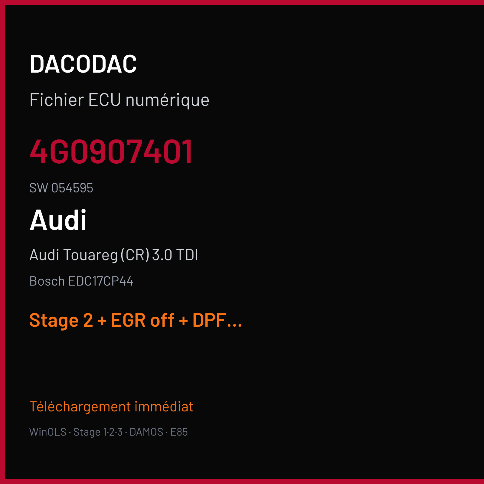 Audi Touareg (CR) 3.0 TDI (2013) — Bosch EDC17CP44 — 4G0907401 · 054595 — Stage 2 + EGR off + DPF off