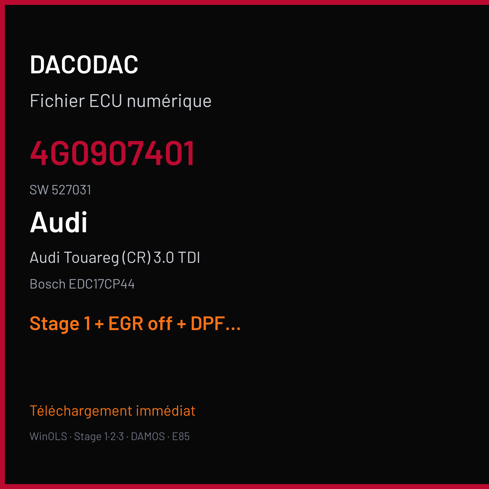 Audi Touareg (CR) 3.0 TDI (2012) — Bosch EDC17CP44 — 4G0907401 · 527031 — Stage 1 + EGR off + DPF off