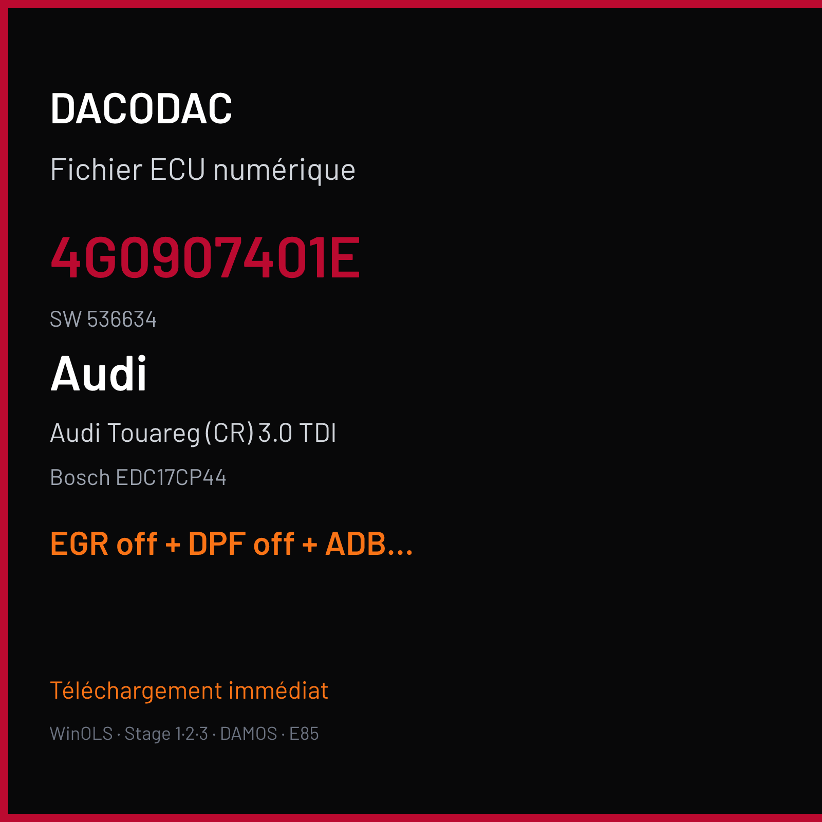 Audi Touareg (CR) 3.0 TDI (2014) — Bosch EDC17CP44 — 4G0907401E · 536634 — EGR off + DPF off + ADBLUE off