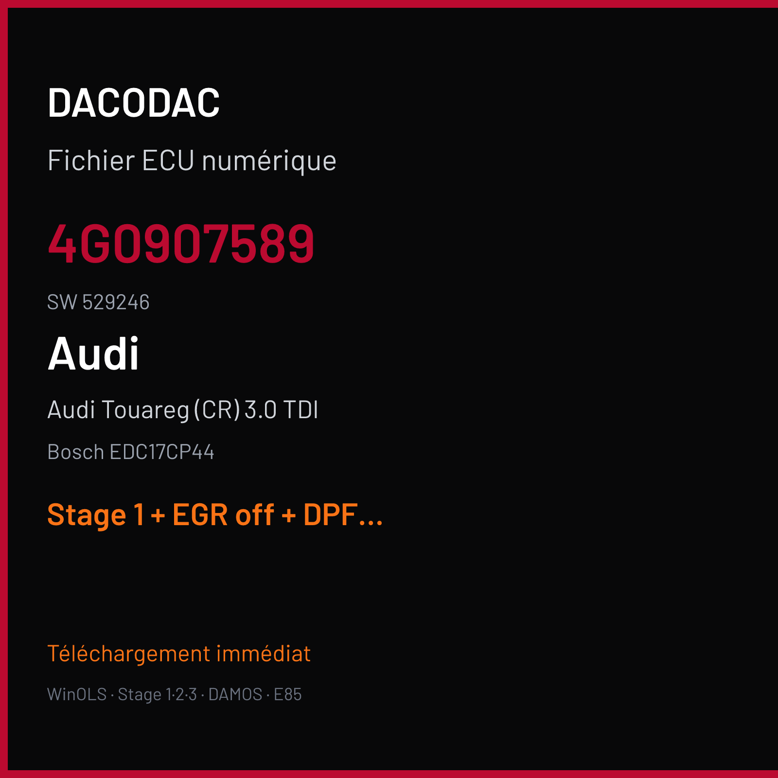 Audi Touareg (CR) 3.0 TDI (2016) — Bosch EDC17CP44 — 4G0907589 · 529246 — Stage 1 + EGR off + DPF off