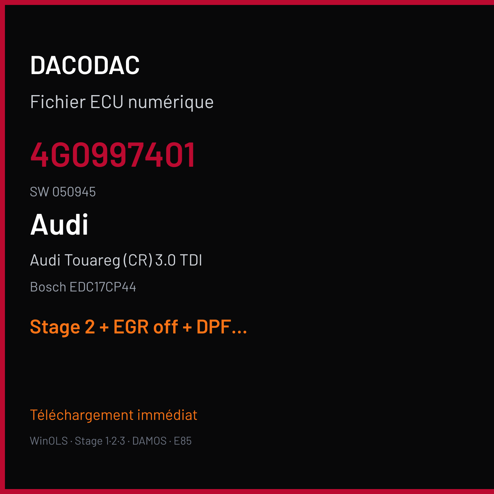 Audi Touareg (CR) 3.0 TDI (2011) — Bosch EDC17CP44 — 4G0997401 · 050945 — Stage 2 + EGR off + DPF off