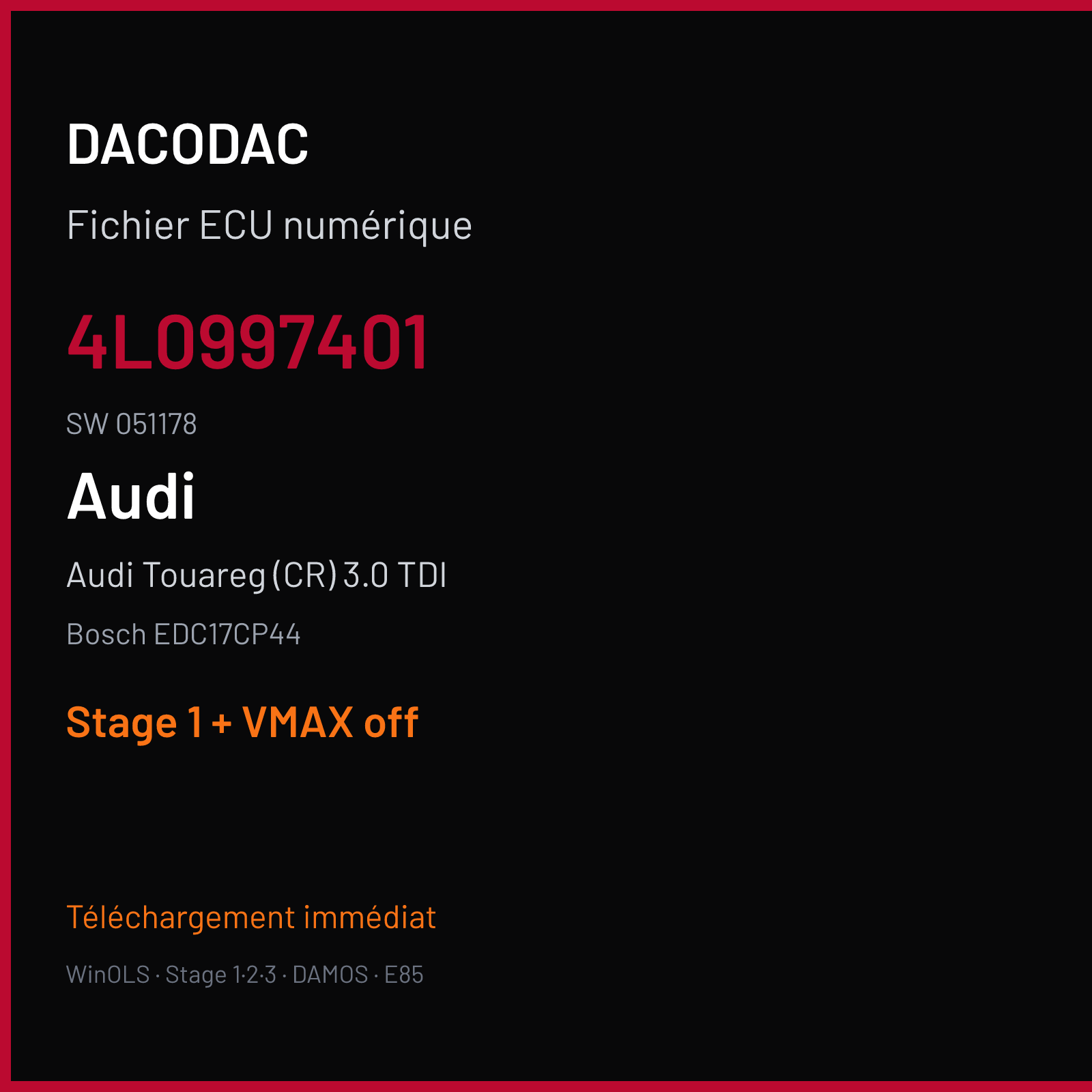 Audi Touareg (CR) 3.0 TDI (2015) — Bosch EDC17CP44 — 4L0997401 · 051178 — Stage 1 + VMAX off