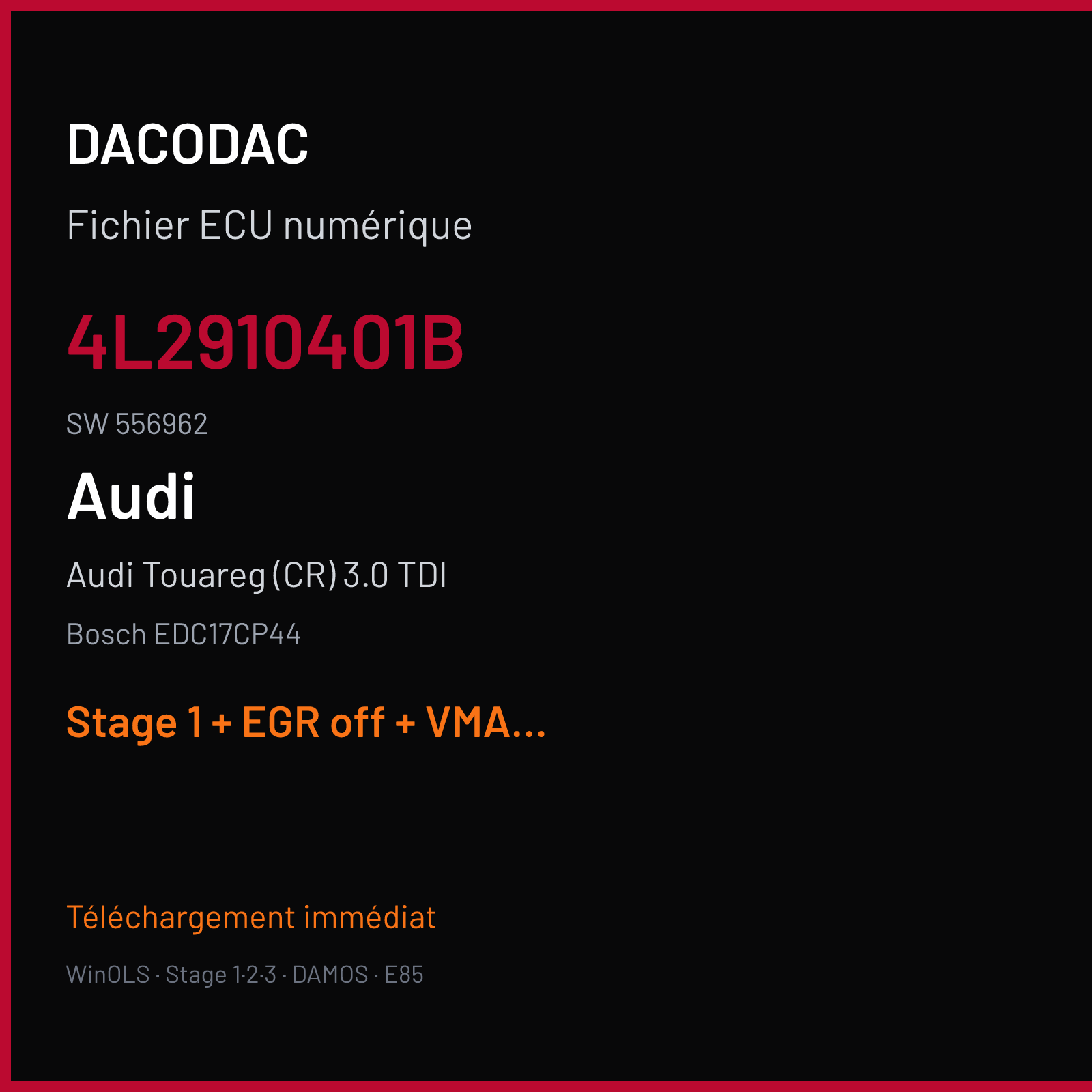 Audi Touareg (CR) 3.0 TDI (2012) — Bosch EDC17CP44 — 4L2910401B · 556962 — Stage 1 + EGR off + VMAX off