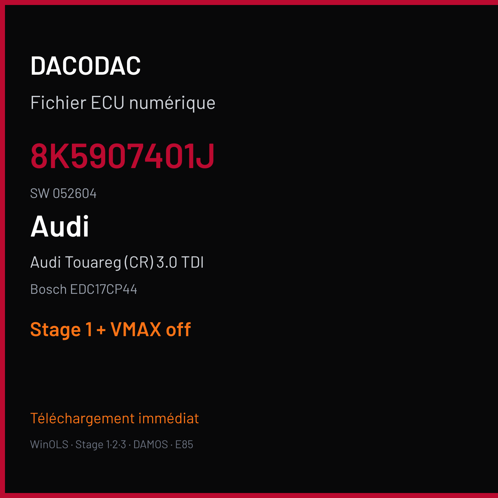 Audi Touareg (CR) 3.0 TDI (2014) — Bosch EDC17CP44 — 8K5907401J · 052604 — Stage 1 + VMAX off
