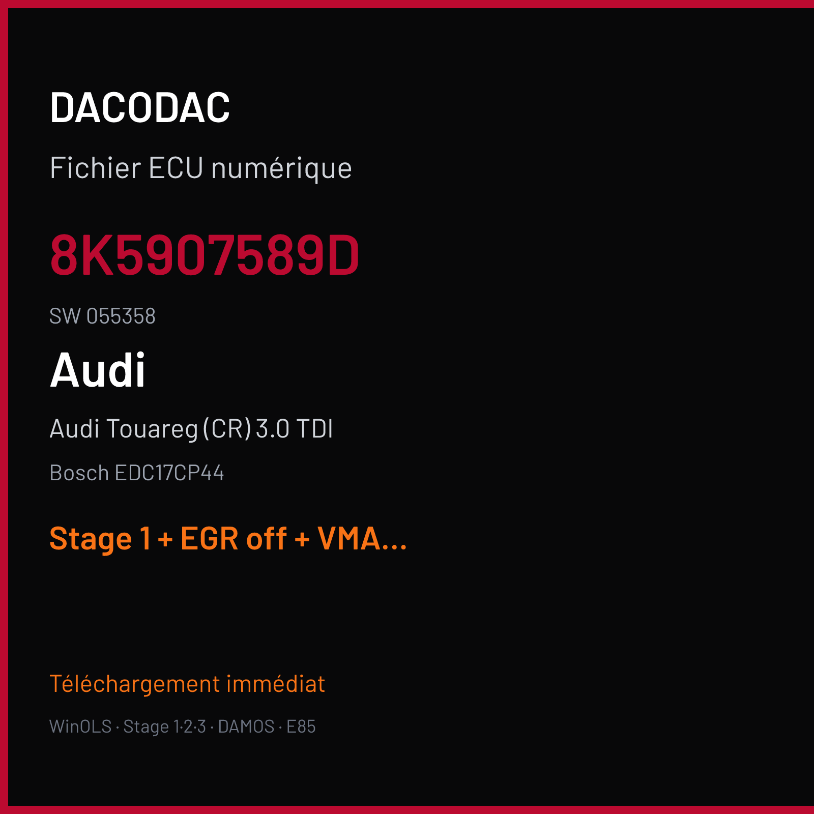 Audi Touareg (CR) 3.0 TDI (2014) — Bosch EDC17CP44 — 8K5907589D · 055358 — Stage 1 + EGR off + VMAX off