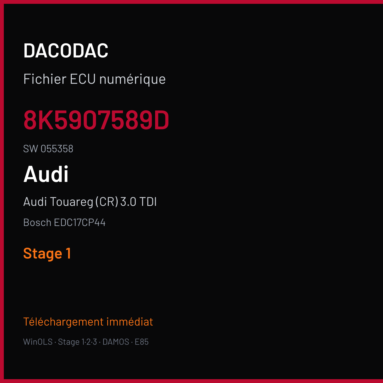 Audi Touareg (CR) 3.0 TDI (2014) — Bosch EDC17CP44 — 8K5907589D · 055358 — Stage 1