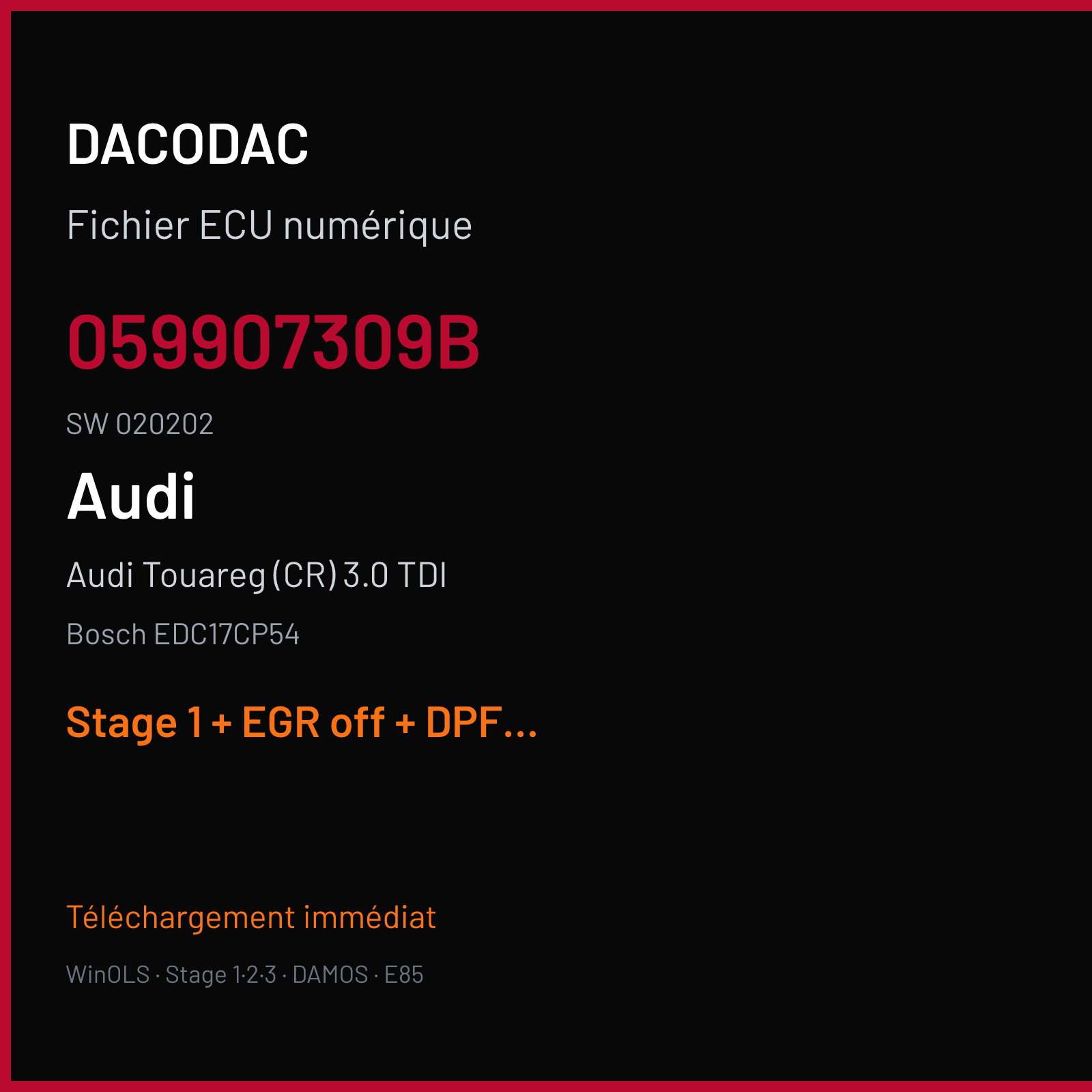 Audi Touareg (CR) 3.0 TDI (2016) — Bosch EDC17CP54 — 059907309B · 020202 — Stage 1 + EGR off + DPF off + DTC off