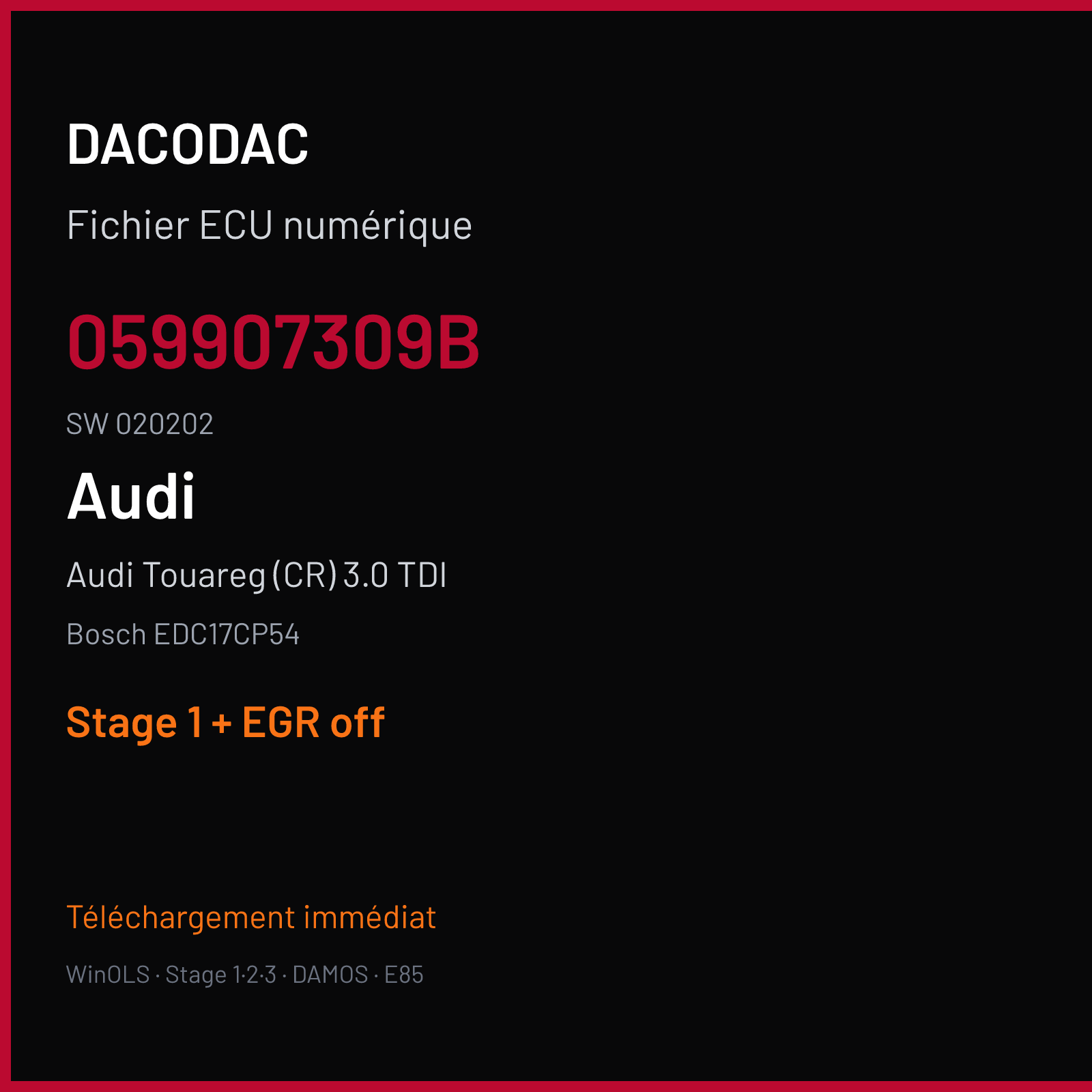 Audi Touareg (CR) 3.0 TDI (2016) — Bosch EDC17CP54 — 059907309B · 020202 — Stage 1 + EGR off