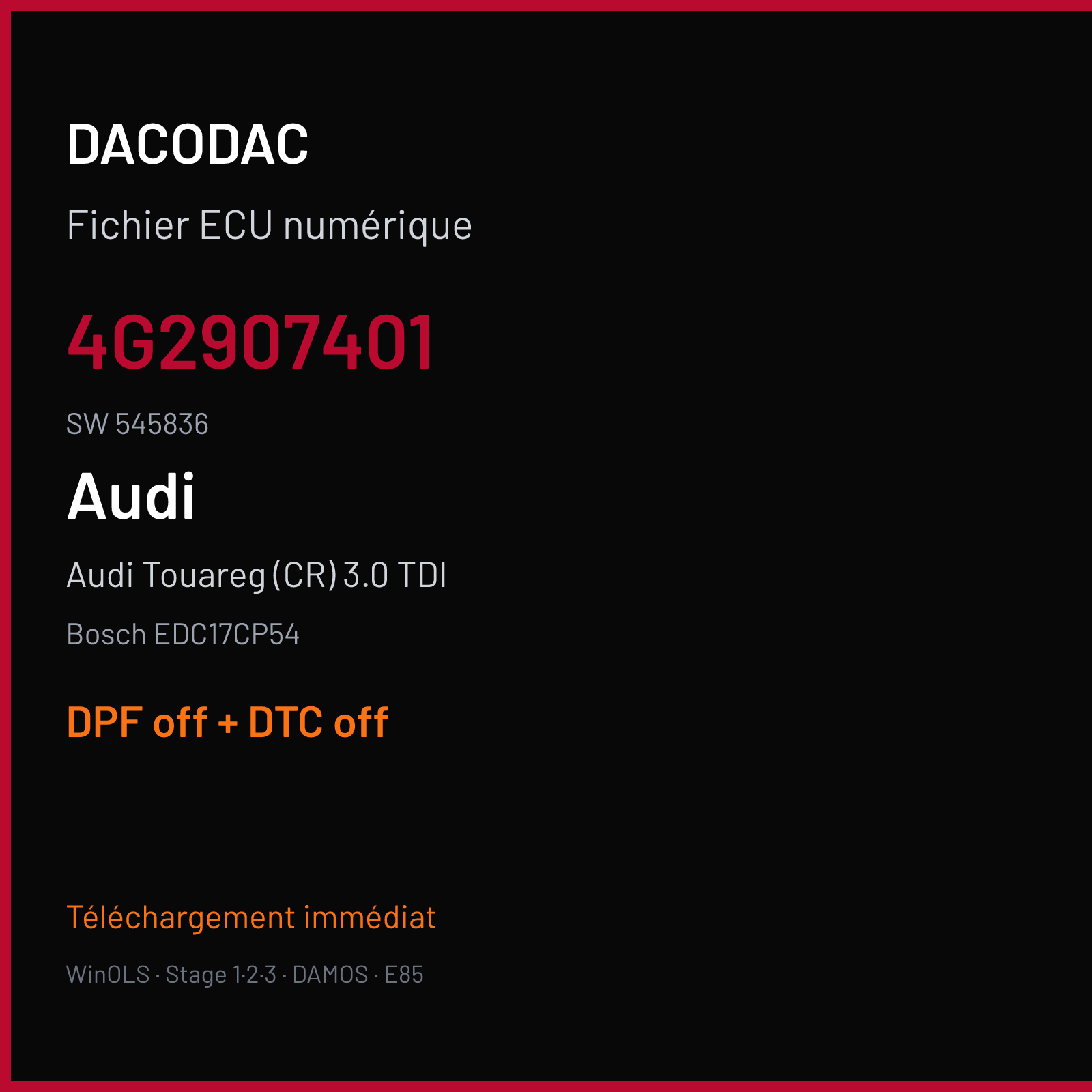 Audi Touareg (CR) 3.0 TDI (2015) — Bosch EDC17CP54 — 4G2907401 · 545836 — DPF off + DTC off