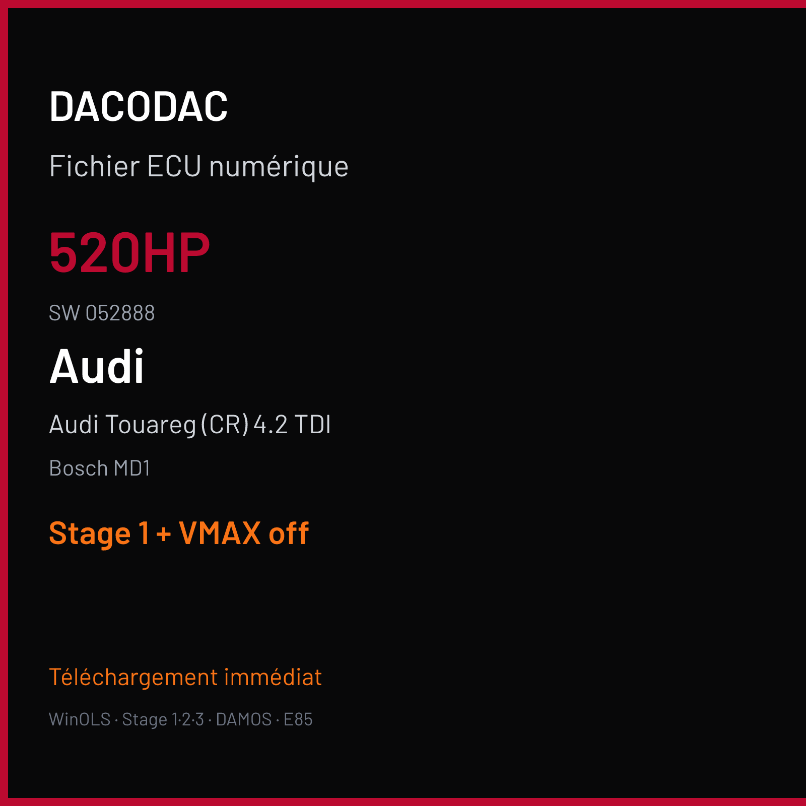 Audi Touareg (CR) 4.2 TDI (2019) — Bosch MD1 — 520HP · 052888 — Stage 1 + VMAX off