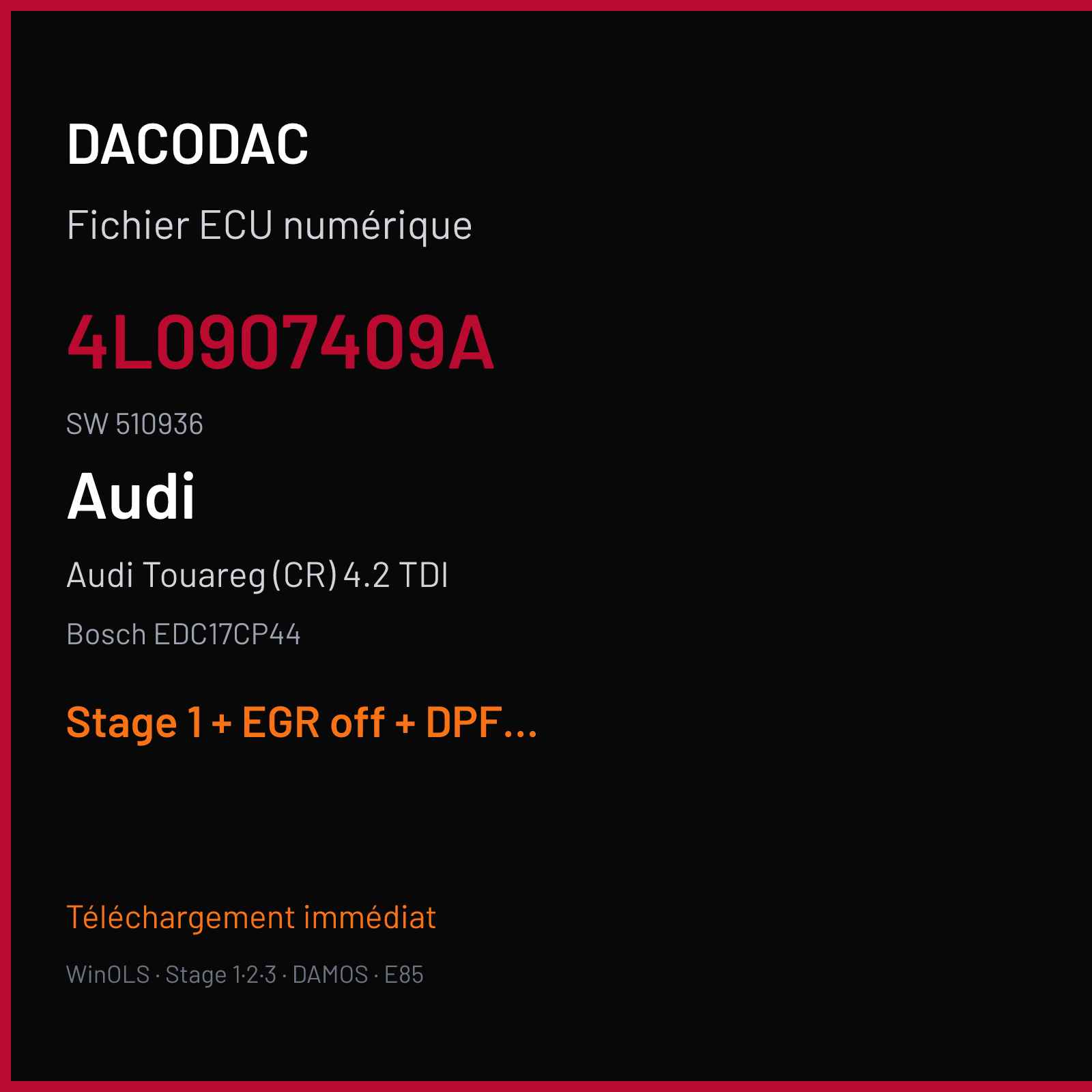 Audi Touareg (CR) 4.2 TDI (2007) — Bosch EDC17CP44 — 4L0907409A · 510936 — Stage 1 + EGR off + DPF off + DTC off