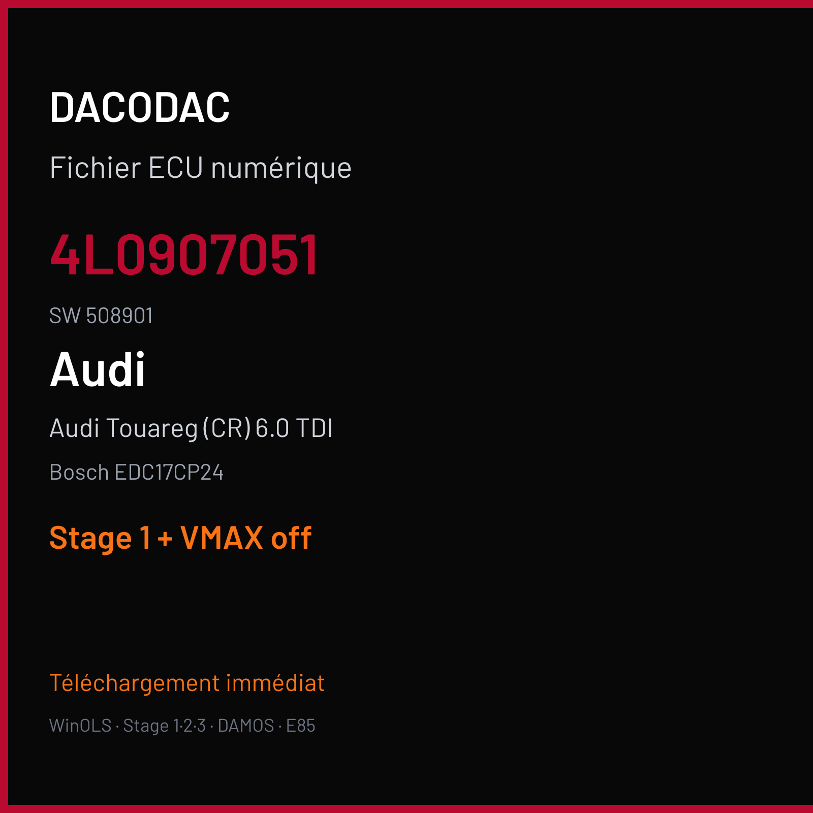 Audi Touareg (CR) 6.0 TDI (2012) — Bosch EDC17CP24 — 4L0907051 · 508901 — Stage 1 + VMAX off