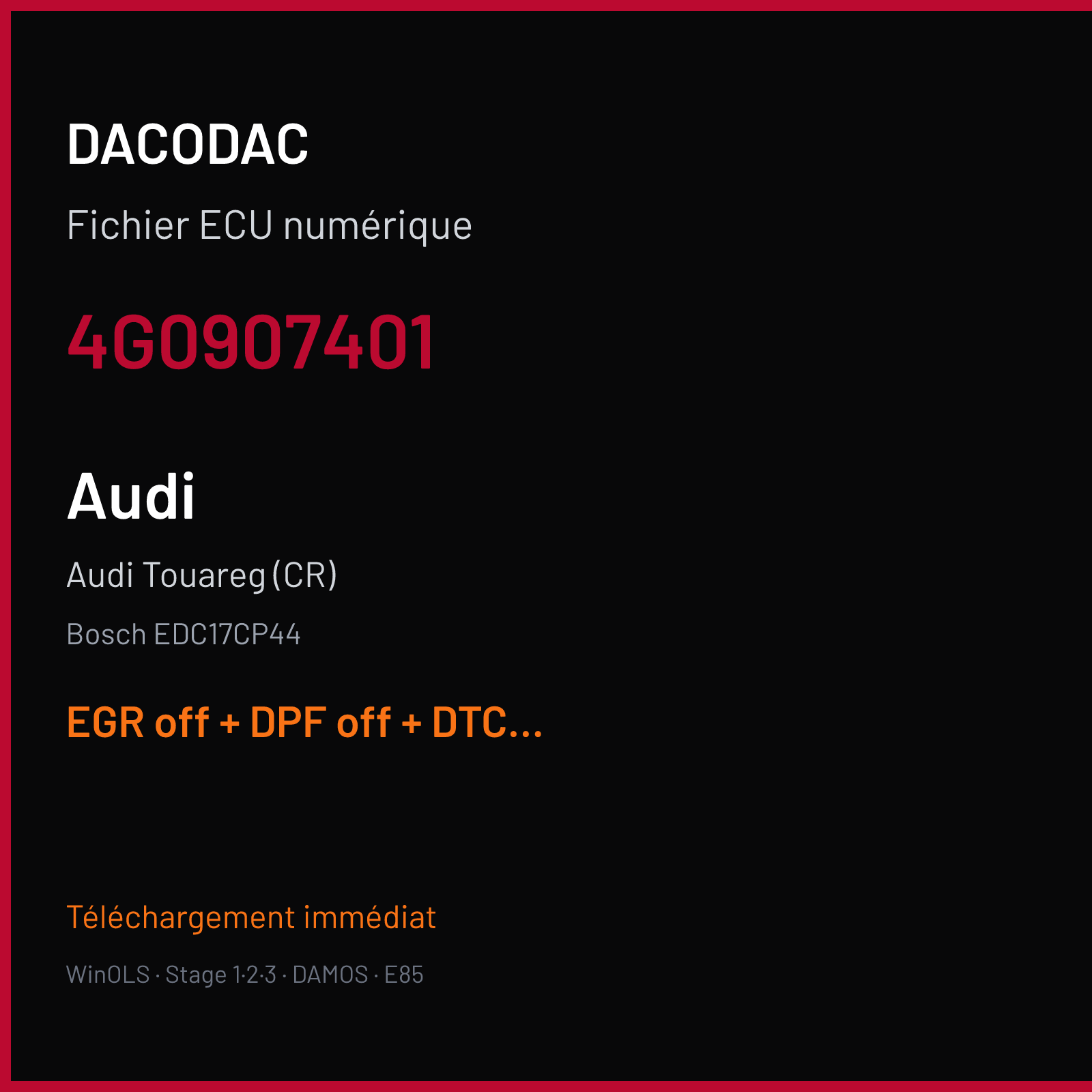 Audi Touareg (CR) (2013) — Bosch EDC17CP44 — 4G0907401 — EGR off + DPF off + DTC off