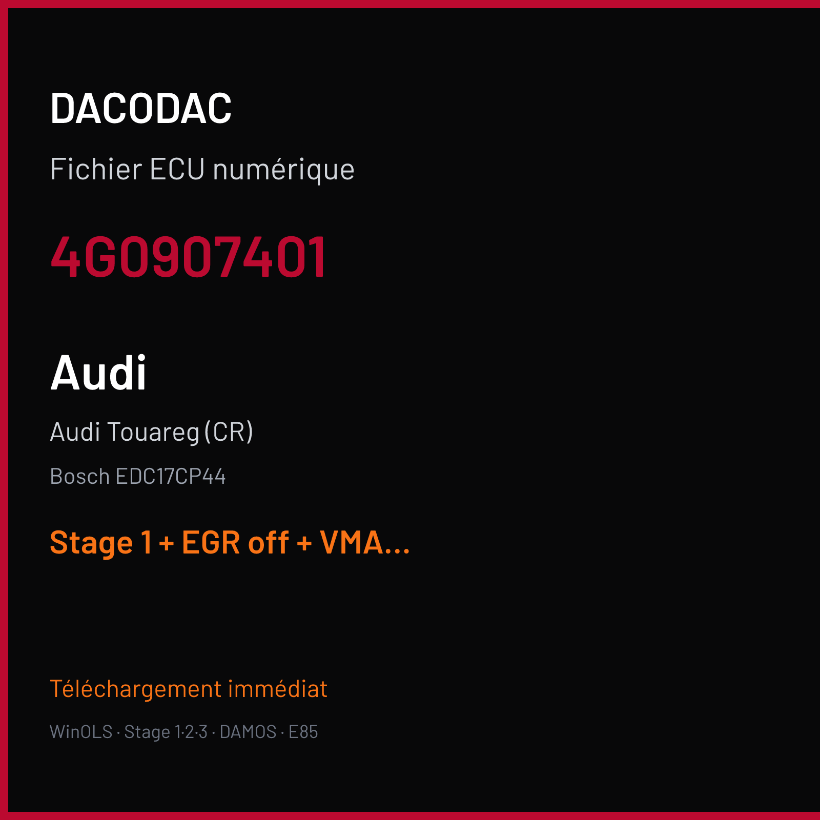 Audi Touareg (CR) (2013) — Bosch EDC17CP44 — 4G0907401 — Stage 1 + EGR off + VMAX off