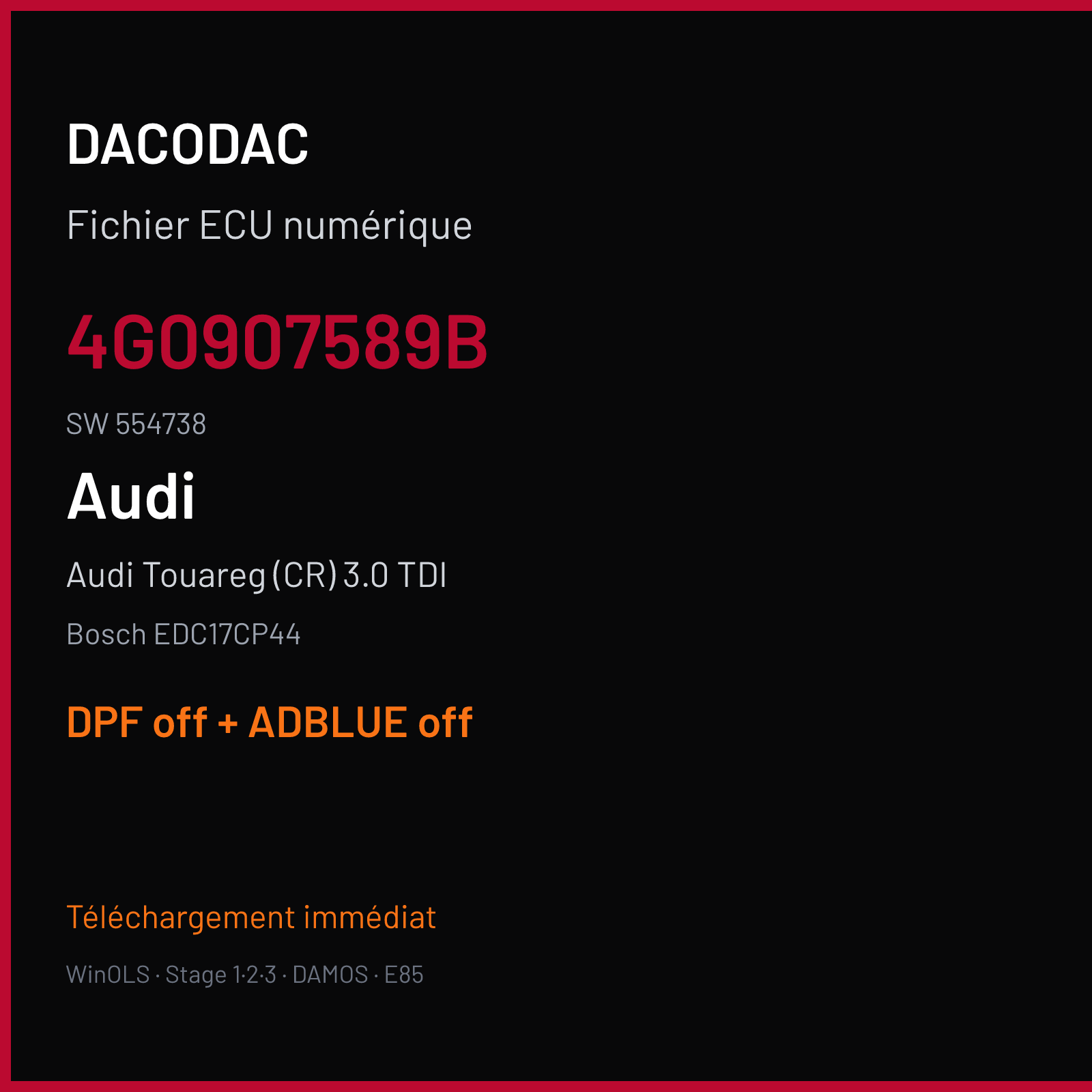 Audi Touareg (CR) 3.0 TDI (2015) — Bosch EDC17CP44 — 4G0907589B · 554738 — DPF off + ADBLUE off