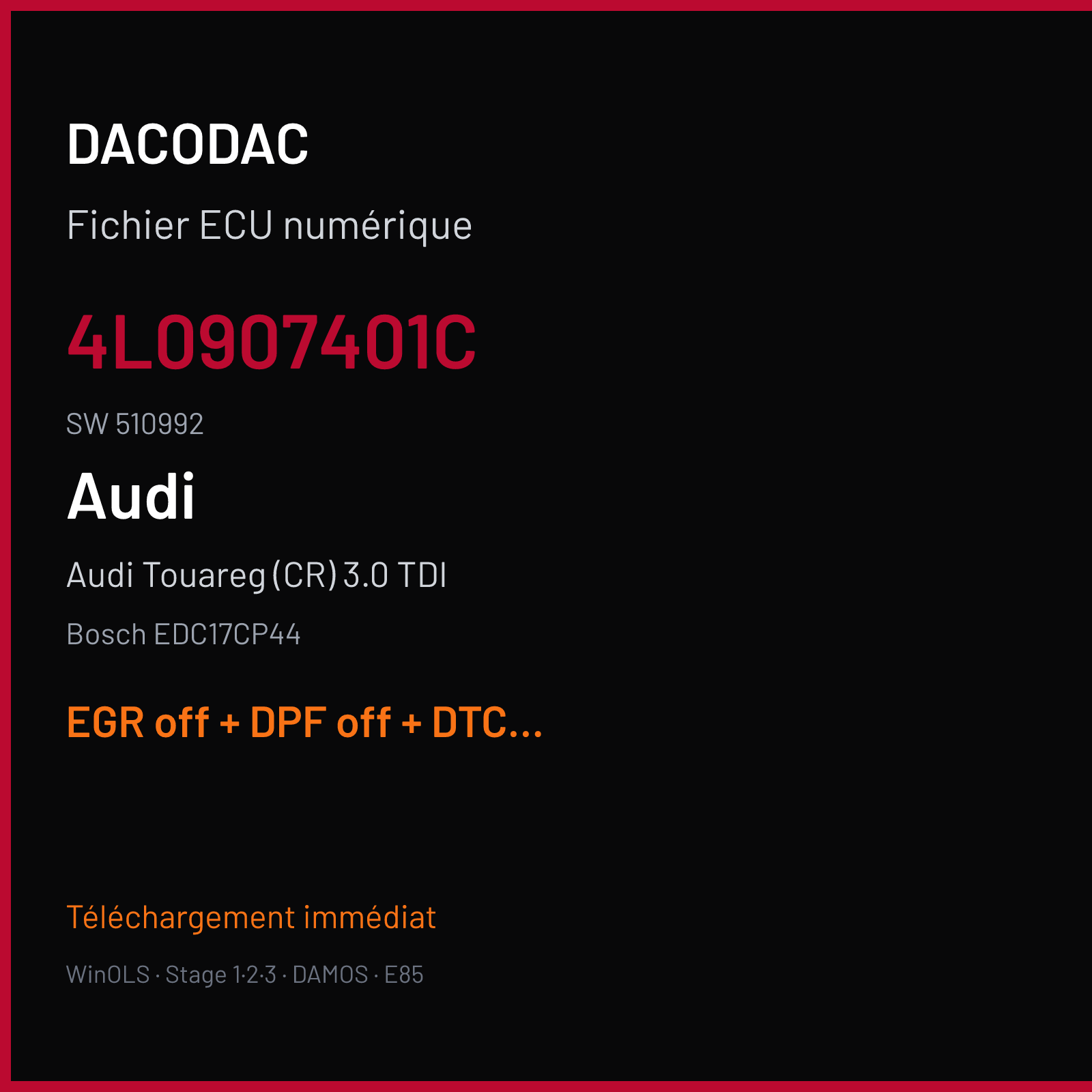 Audi Touareg (CR) 3.0 TDI (2011) — Bosch EDC17CP44 — 4L0907401C · 510992 — EGR off + DPF off + DTC off + VMAX off