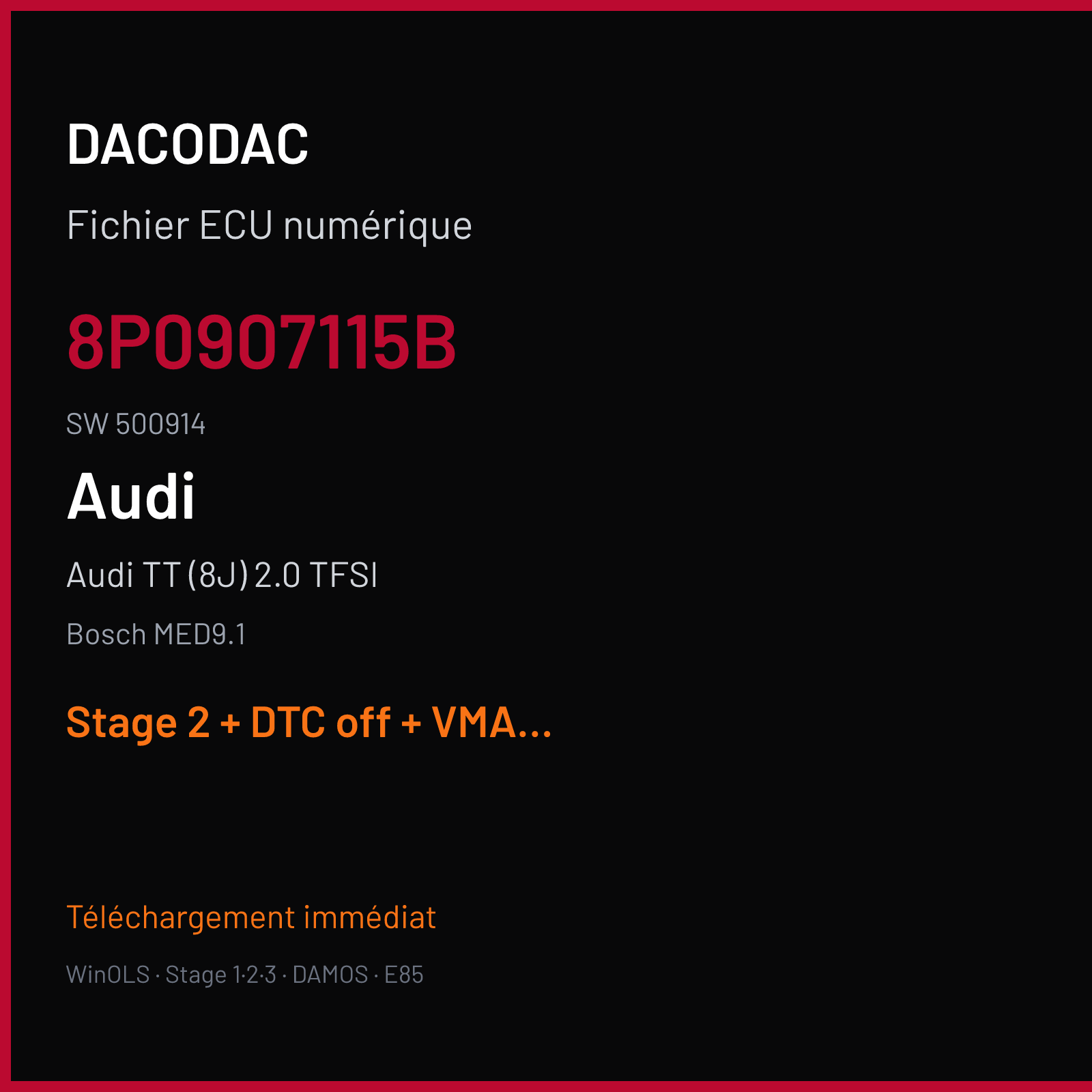 Audi TT (8J) 2.0 TFSI (2010) — Bosch MED9.1 — 8P0907115B · 500914 — Stage 2 + DTC off + VMAX off