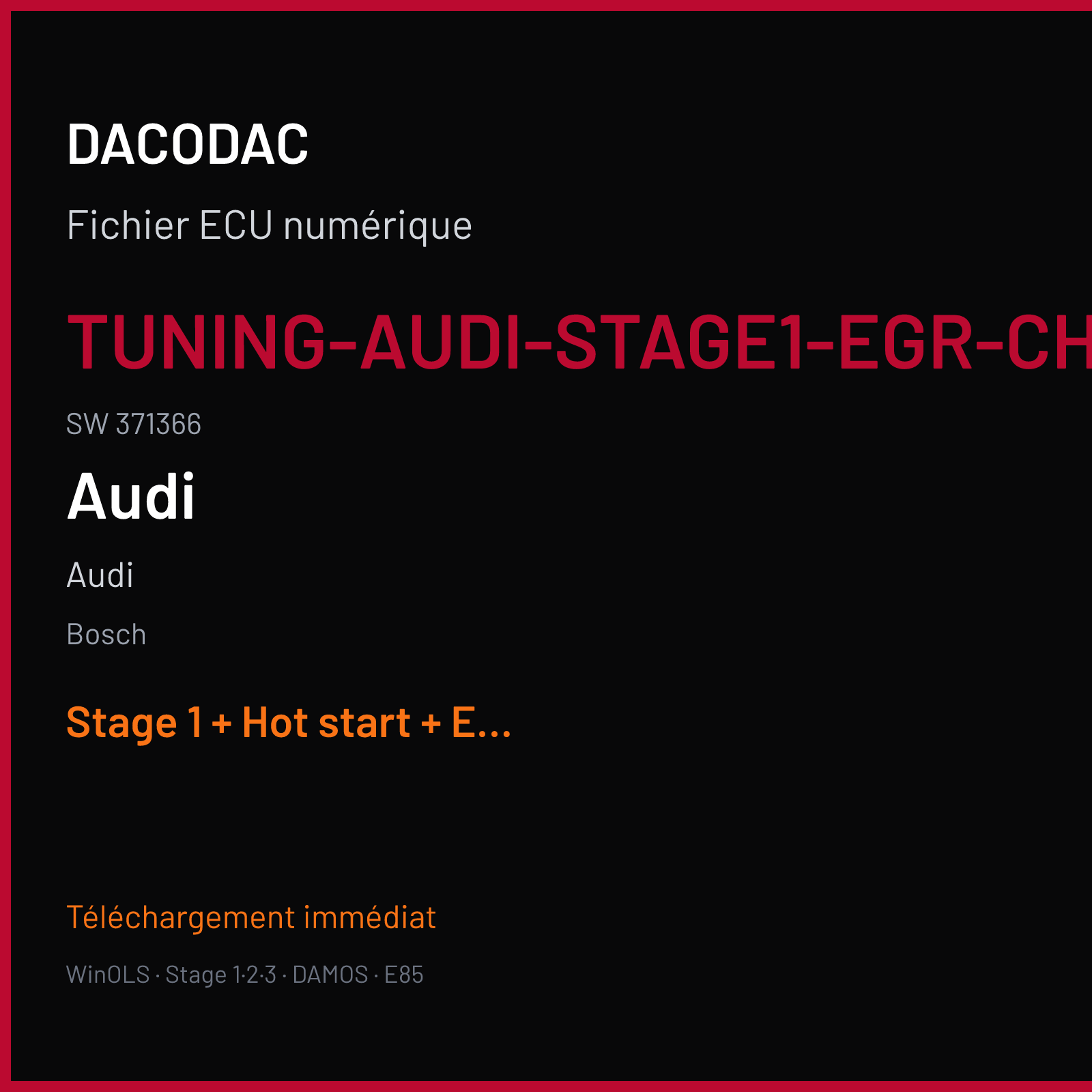 Audi — Bosch — TUNING-AUDI-STAGE1-EGR-CHK-OK-HOTSTART-CHK-OK · 371366 — Stage 1 + Hot start + EGR off