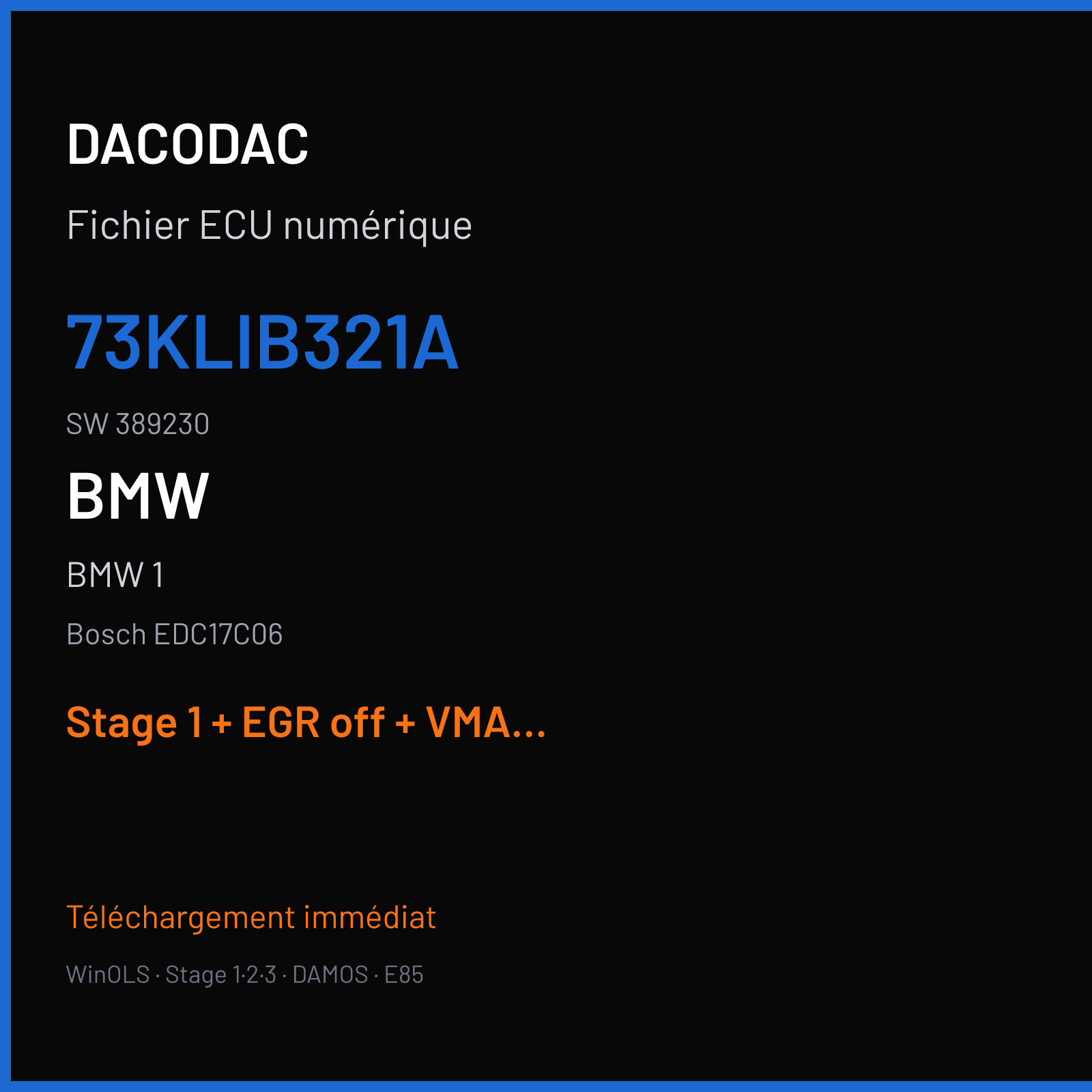 BMW 1 (2007) — Bosch EDC17C06 — 73KLIB321A · 389230 — Stage 1 + EGR off + VMAX off