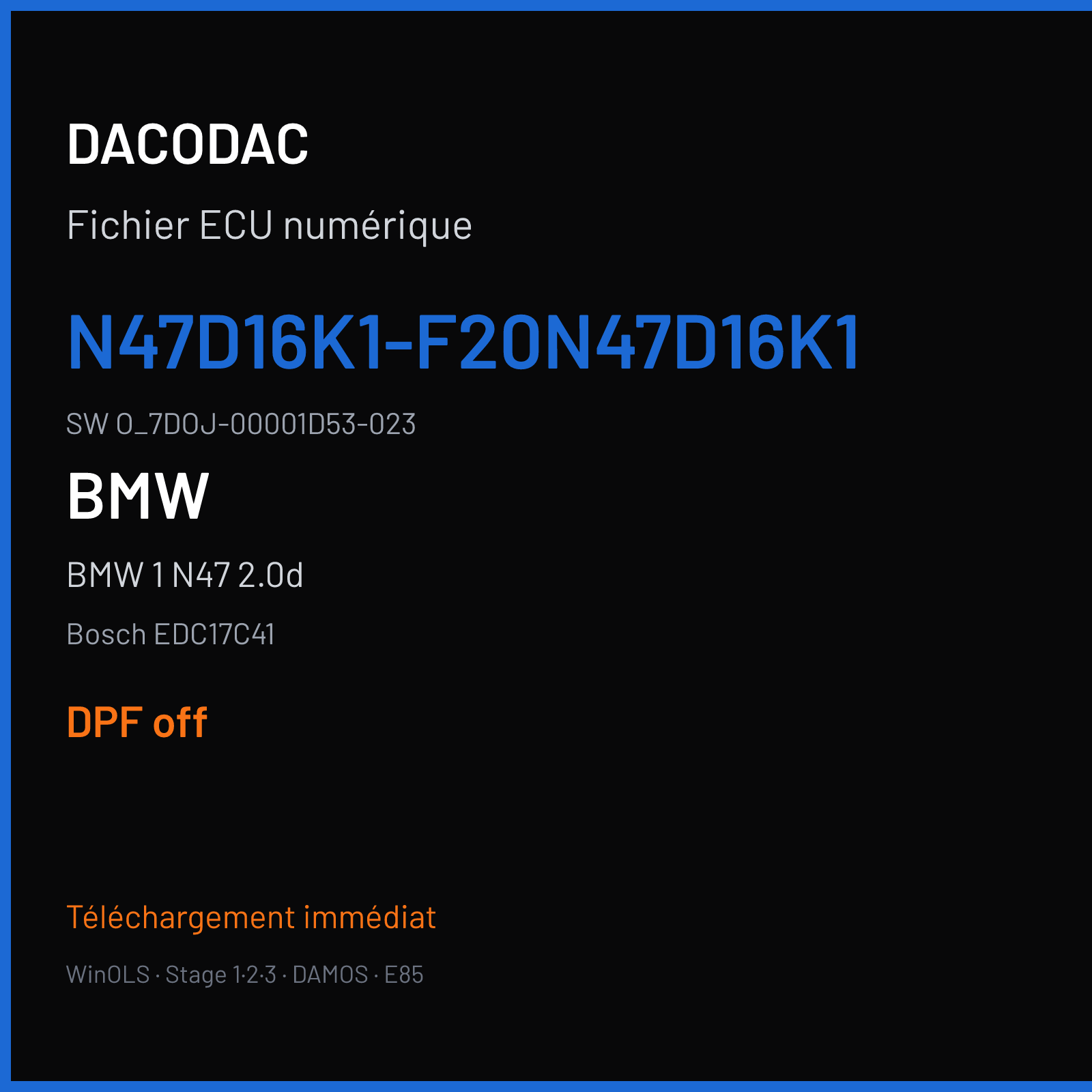 BMW 1 N47 2.0d (2012) — Bosch EDC17C41 — N47D16K1-F20N47D16K1 · O_7DOJ-00001D53-023 — DPF off