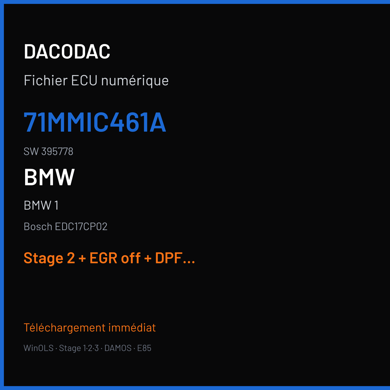 BMW 1 (2007) — Bosch EDC17CP02 — 71MMIC461A · 395778 — Stage 2 + EGR off + DPF off + VMAX off