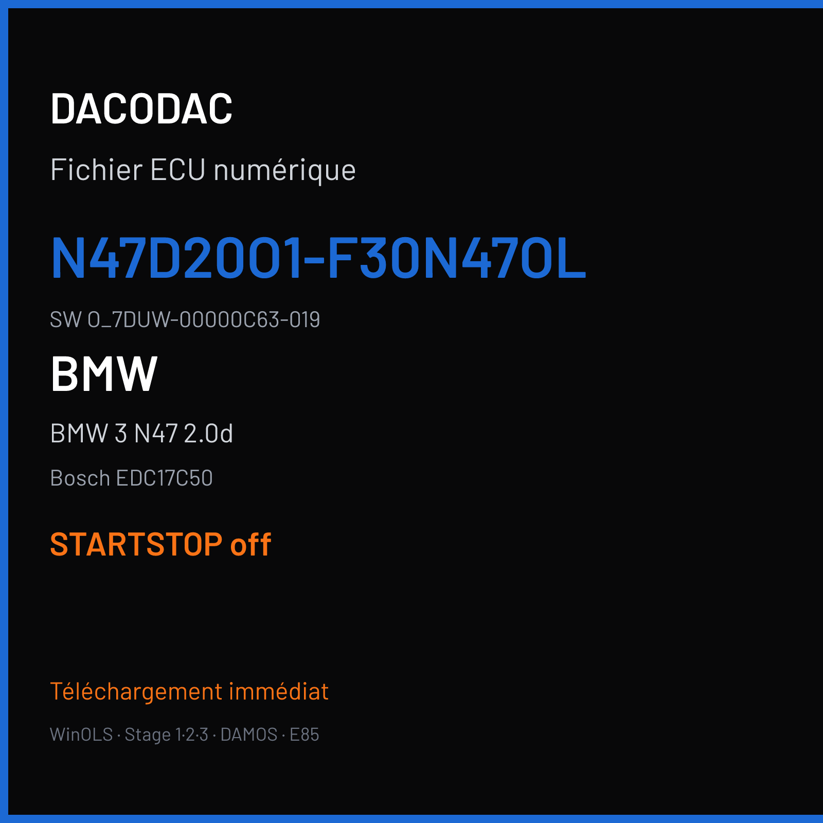 BMW 3 N47 2.0d (2012) — Bosch EDC17C50 — N47D20O1-F30N47OL · O_7DUW-00000C63-019 — STARTSTOP off