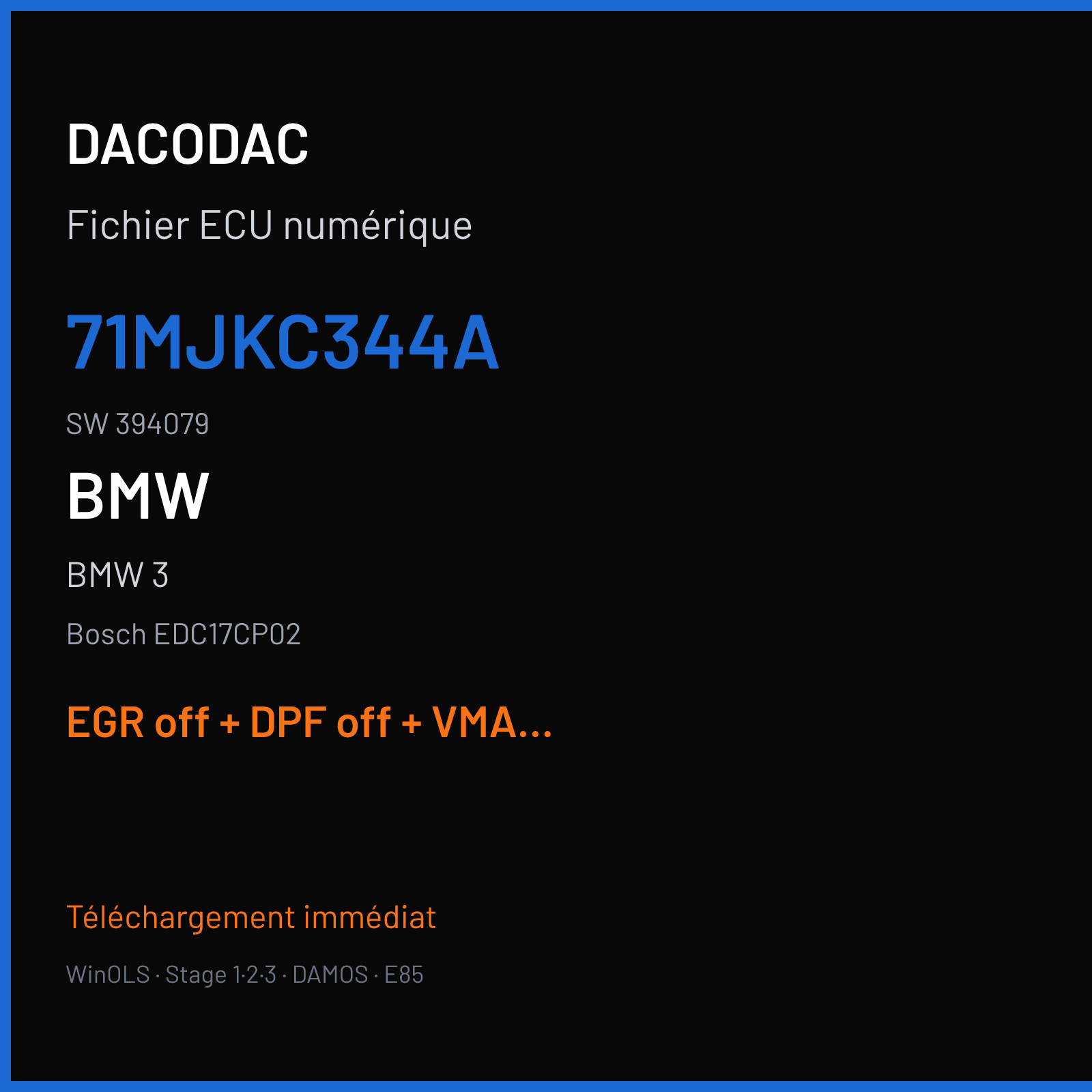 BMW 3 (2008) — Bosch EDC17CP02 — 71MJKC344A · 394079 — EGR off + DPF off + VMAX off