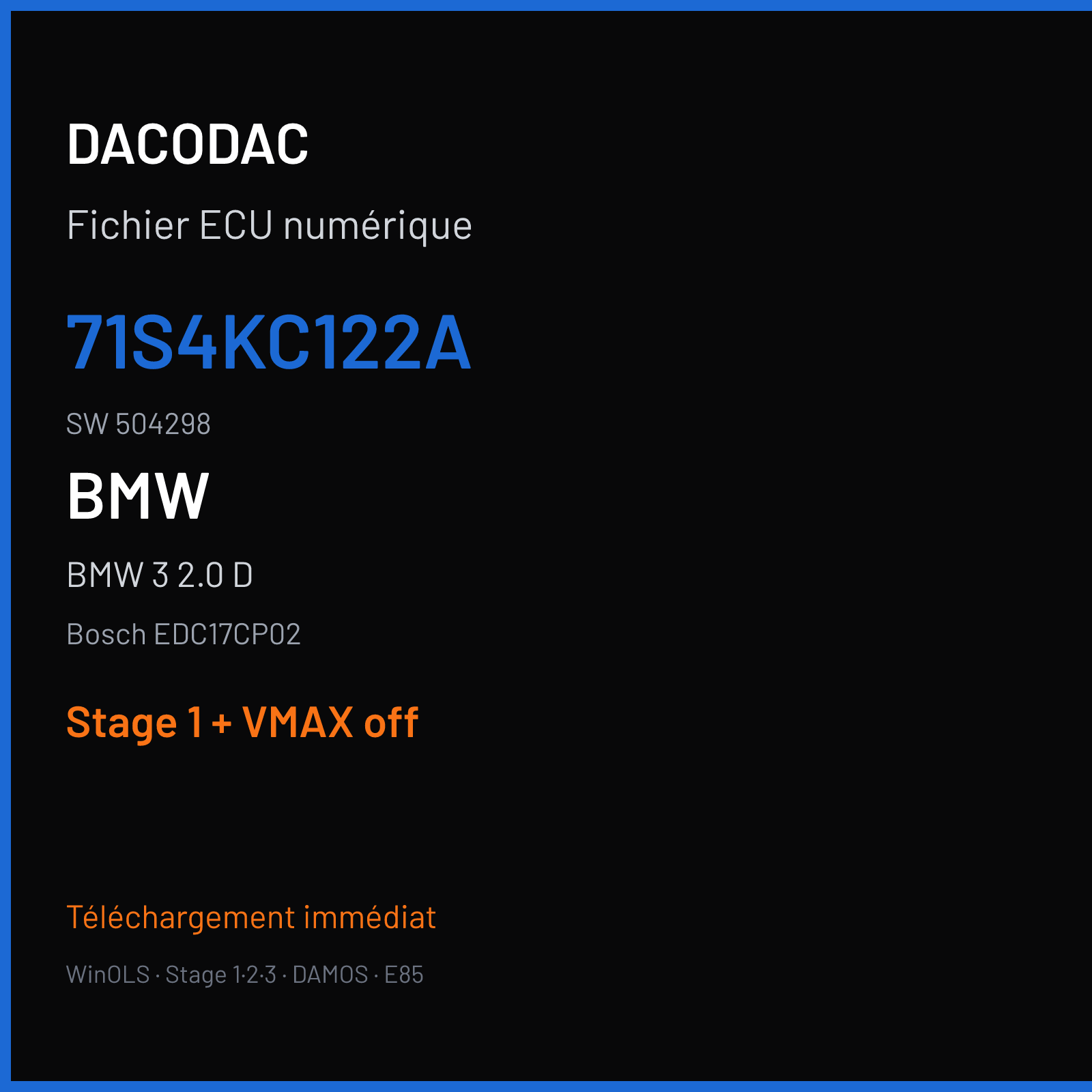 BMW 3 2.0 D (2009) — Bosch EDC17CP02 — 71S4KC122A · 504298 — Stage 1 + VMAX off