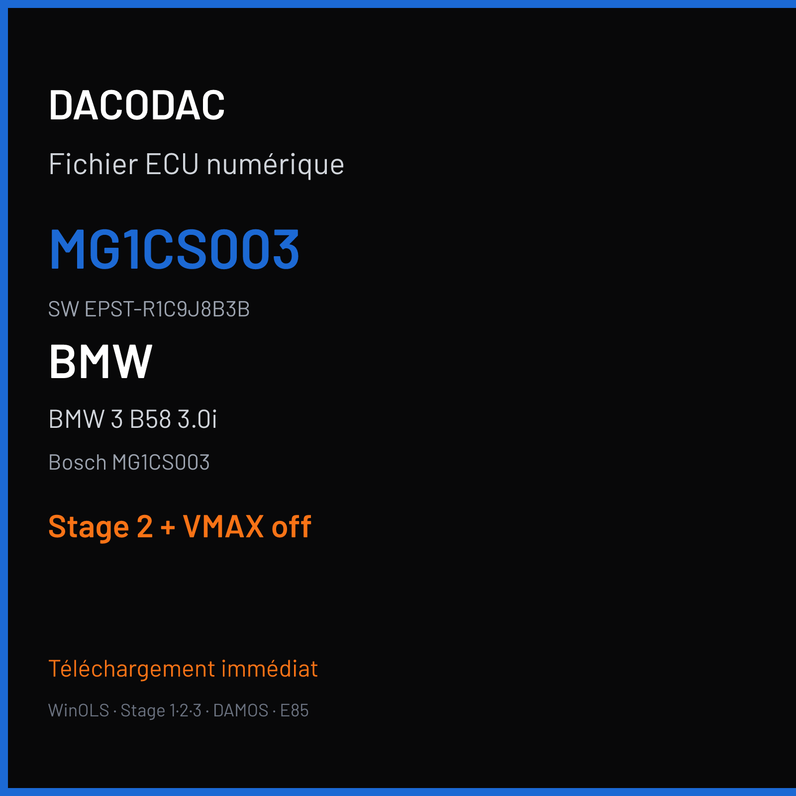 BMW 3 B58 3.0i (2018) — Bosch MG1CS003 — MG1CS003 · EPST-R1C9J8B3B — Stage 2 + VMAX off