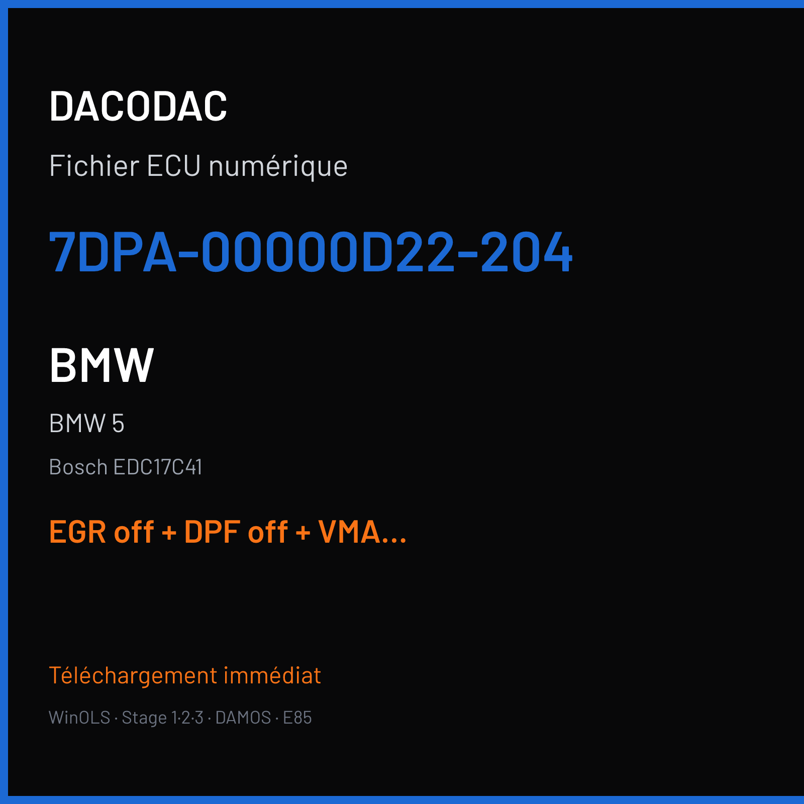 BMW 5 (2013) — Bosch EDC17C41 — 7DPA-00000D22-204 — EGR off + DPF off + VMAX off