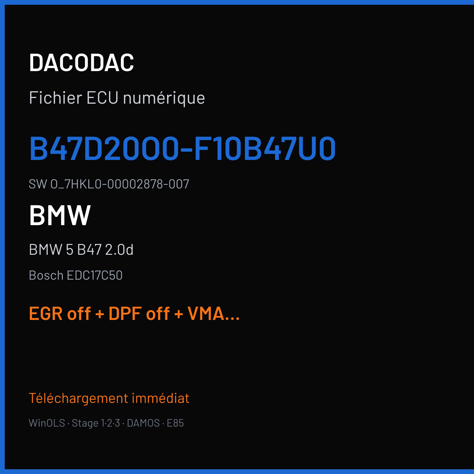 BMW 5 B47 2.0d (2015) — Bosch EDC17C50 — B47D20O0-F10B47U0 · O_7HKL0-00002878-007 — EGR off + DPF off + VMAX off