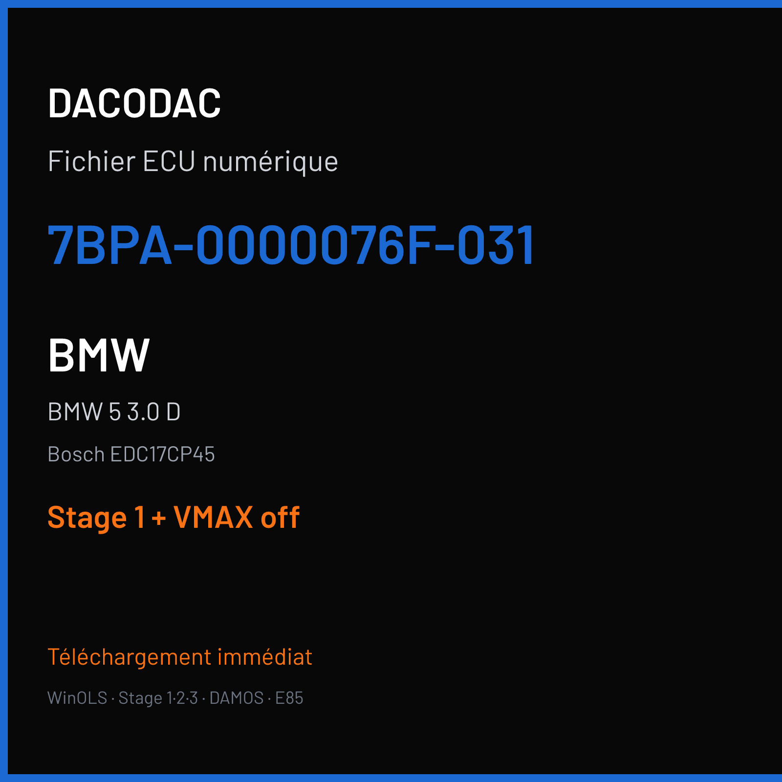 BMW 5 3.0 D (2012) — Bosch EDC17CP45 — 7BPA-0000076F-031 — Stage 1 + VMAX off