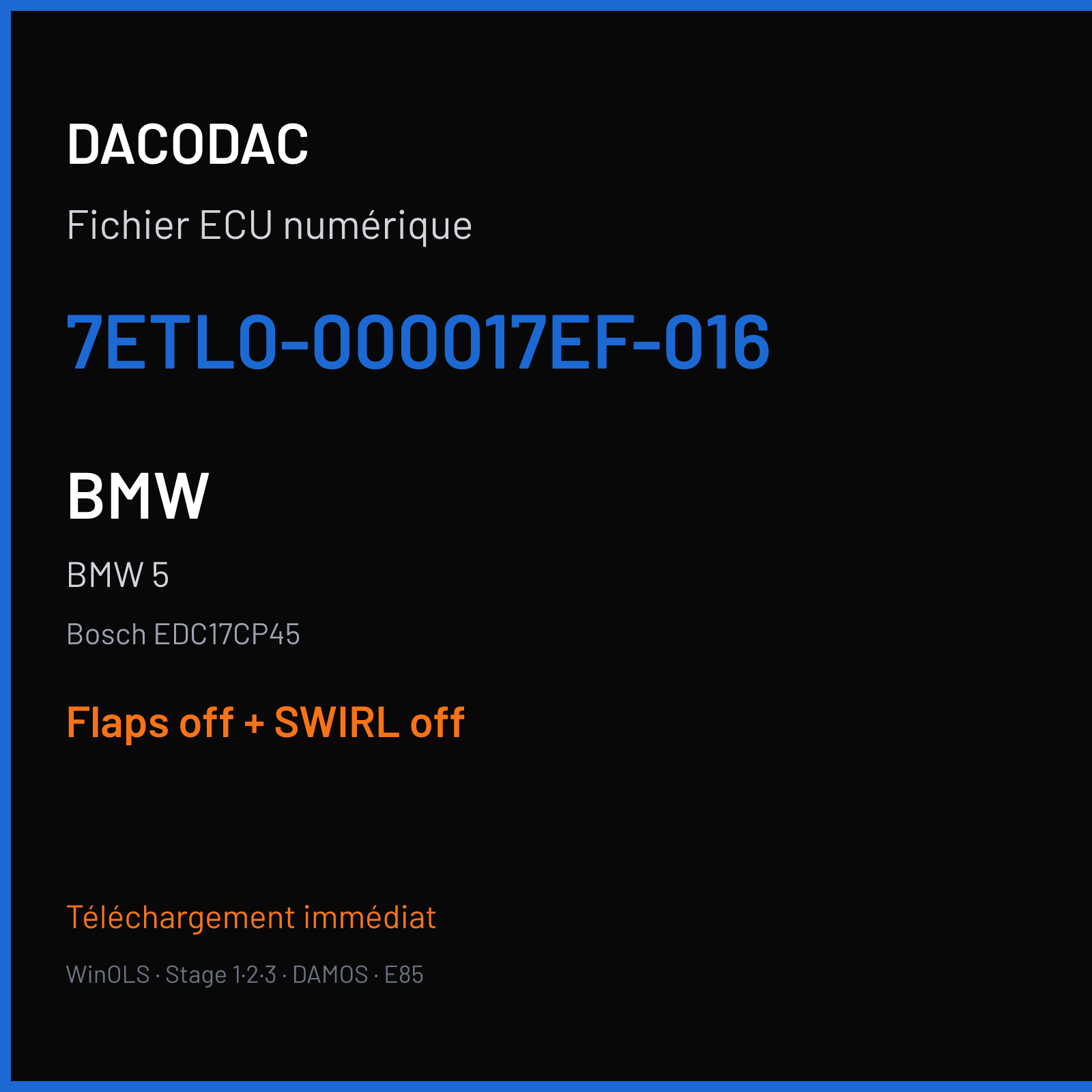 BMW 5 (2016) — Bosch EDC17CP45 — 7ETL0-000017EF-016 — Flaps off + SWIRL off