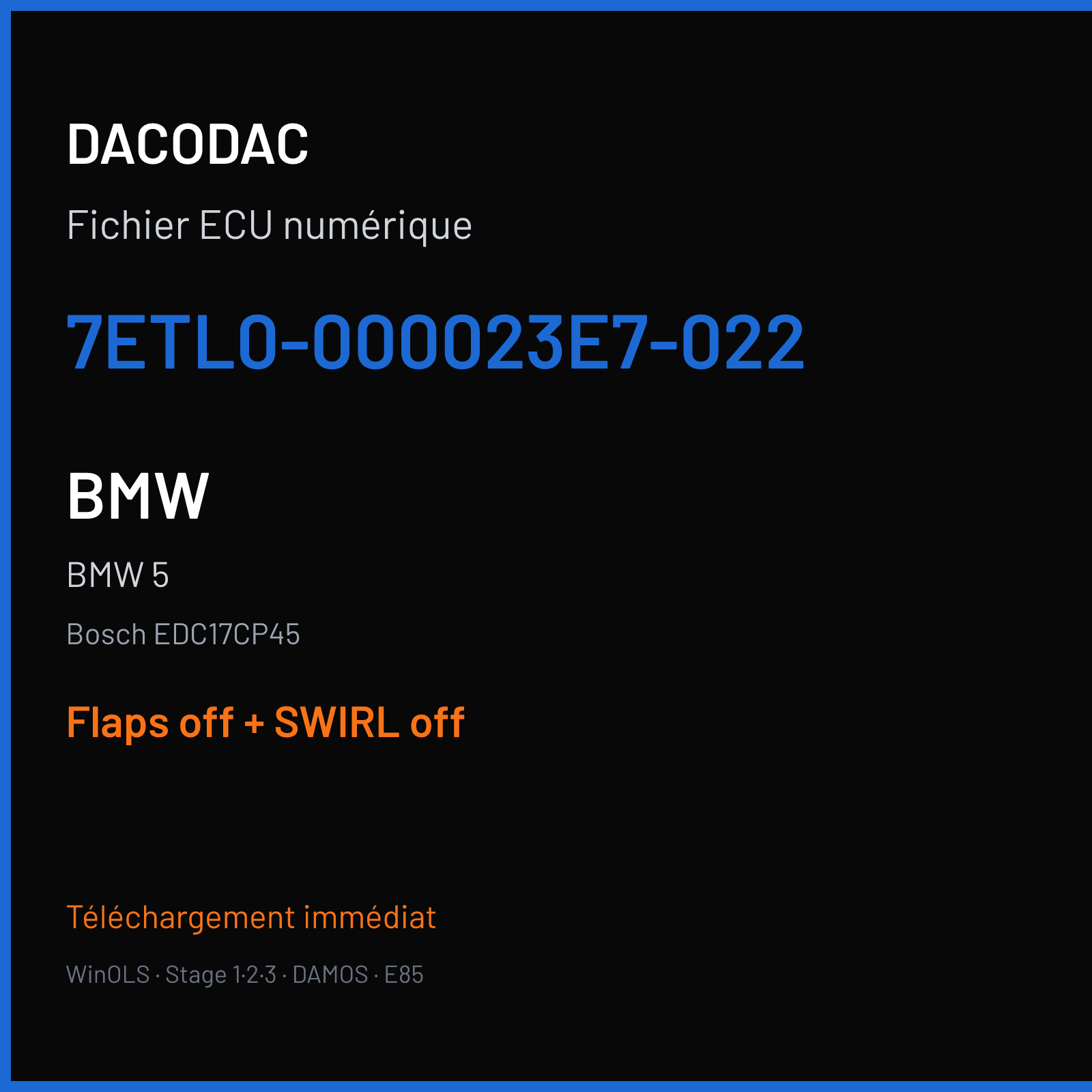 BMW 5 (2013) — Bosch EDC17CP45 — 7ETL0-000023E7-022 — Flaps off + SWIRL off