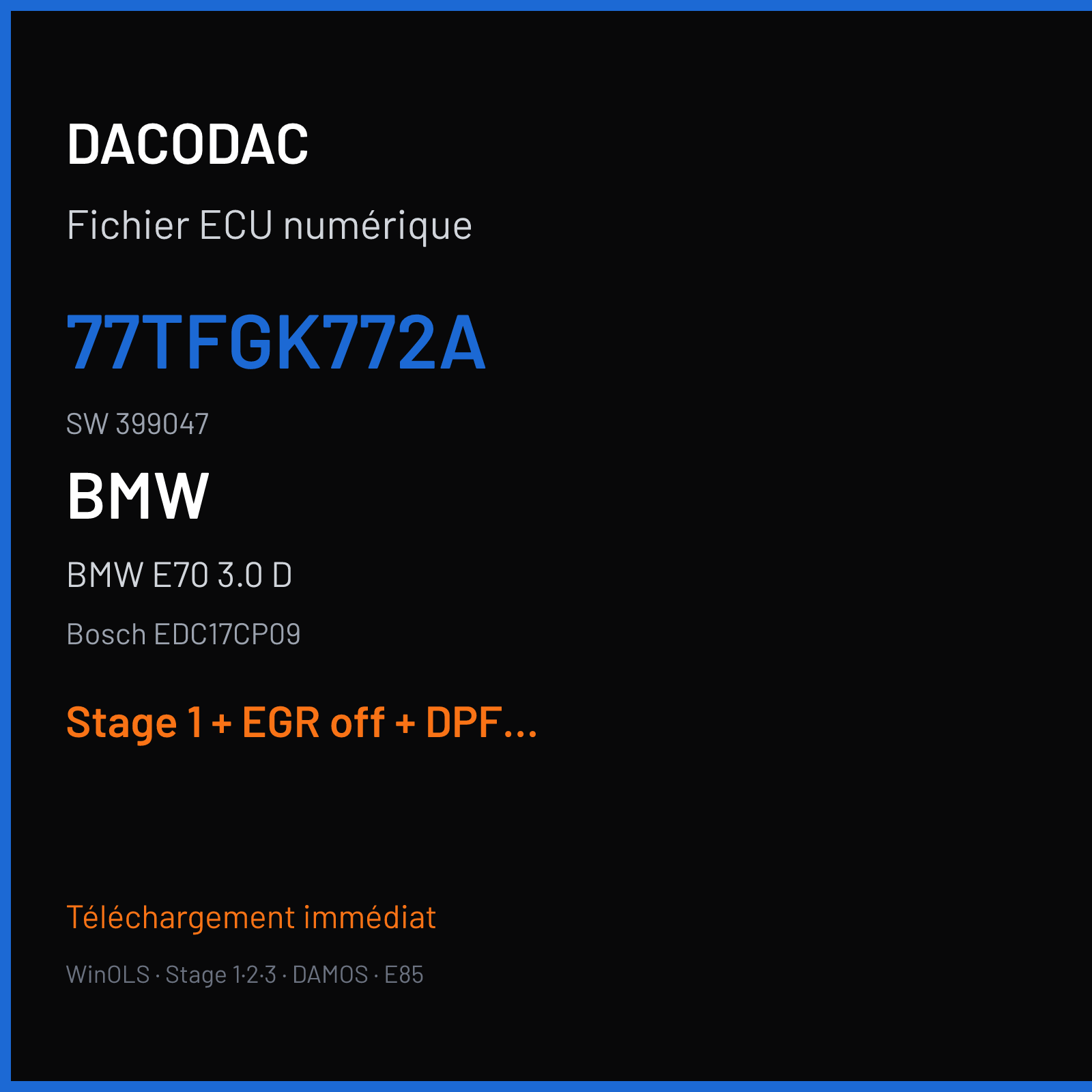 BMW E70 3.0 D (2012) — Bosch EDC17CP09 — 77TFGK772A · 399047 — Stage 1 + EGR off + DPF off