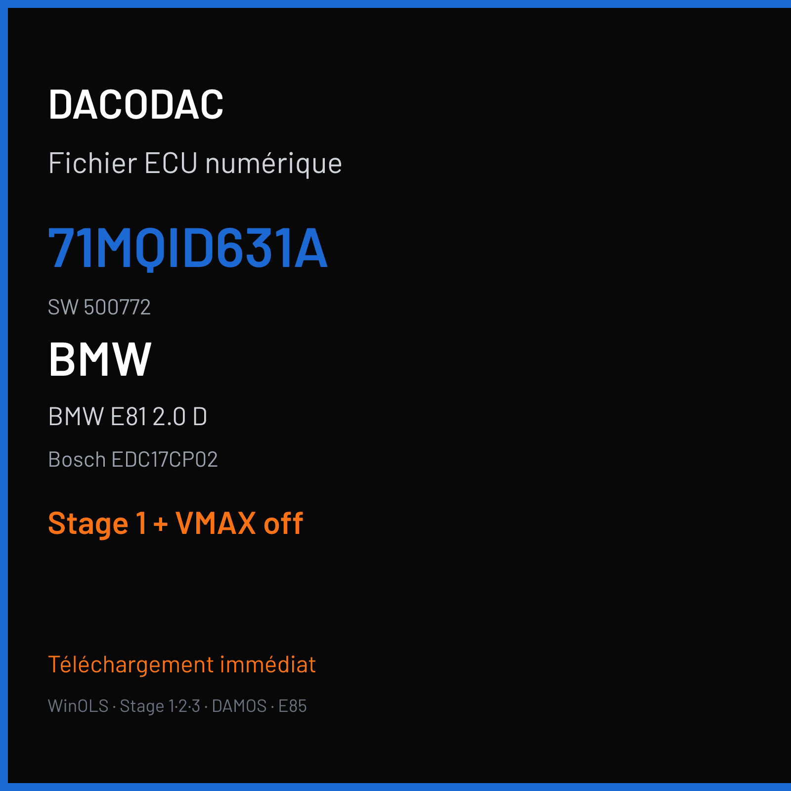 BMW E81 2.0 D (2008) — Bosch EDC17CP02 — 71MQID631A · 500772 — Stage 1 + VMAX off
