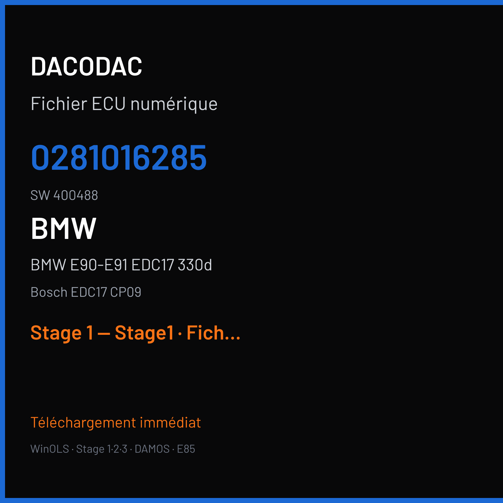 BMW E90-E91 EDC17 330d (2009) — Bosch EDC17 CP09 — 0281016285 · 400488 — Stage 1 — Stage1