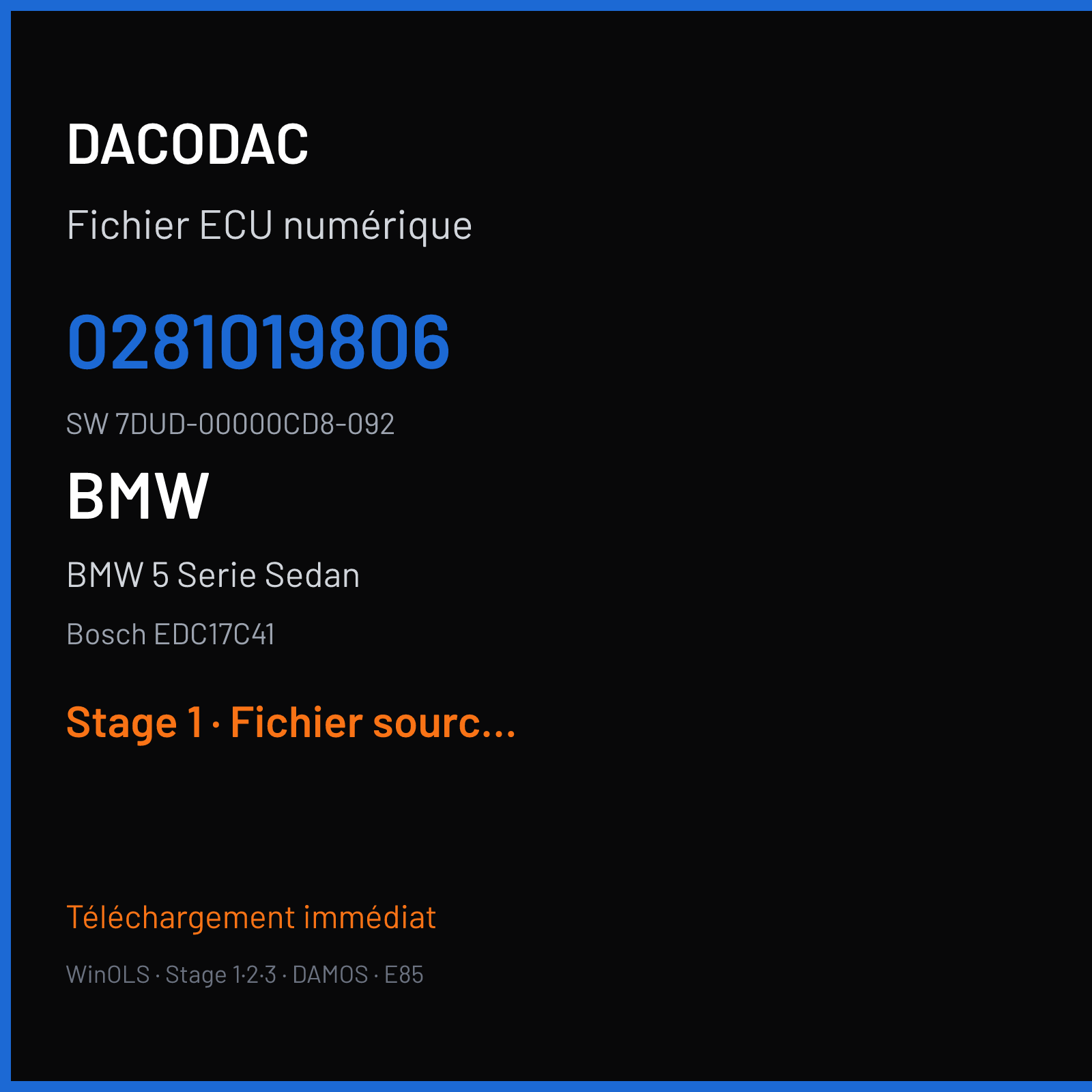 BMW 5 Serie Sedan 184 ch (2012) — Bosch EDC17C41 — 0281019806 · 7DUD-00000CD8-092 — Stage 1