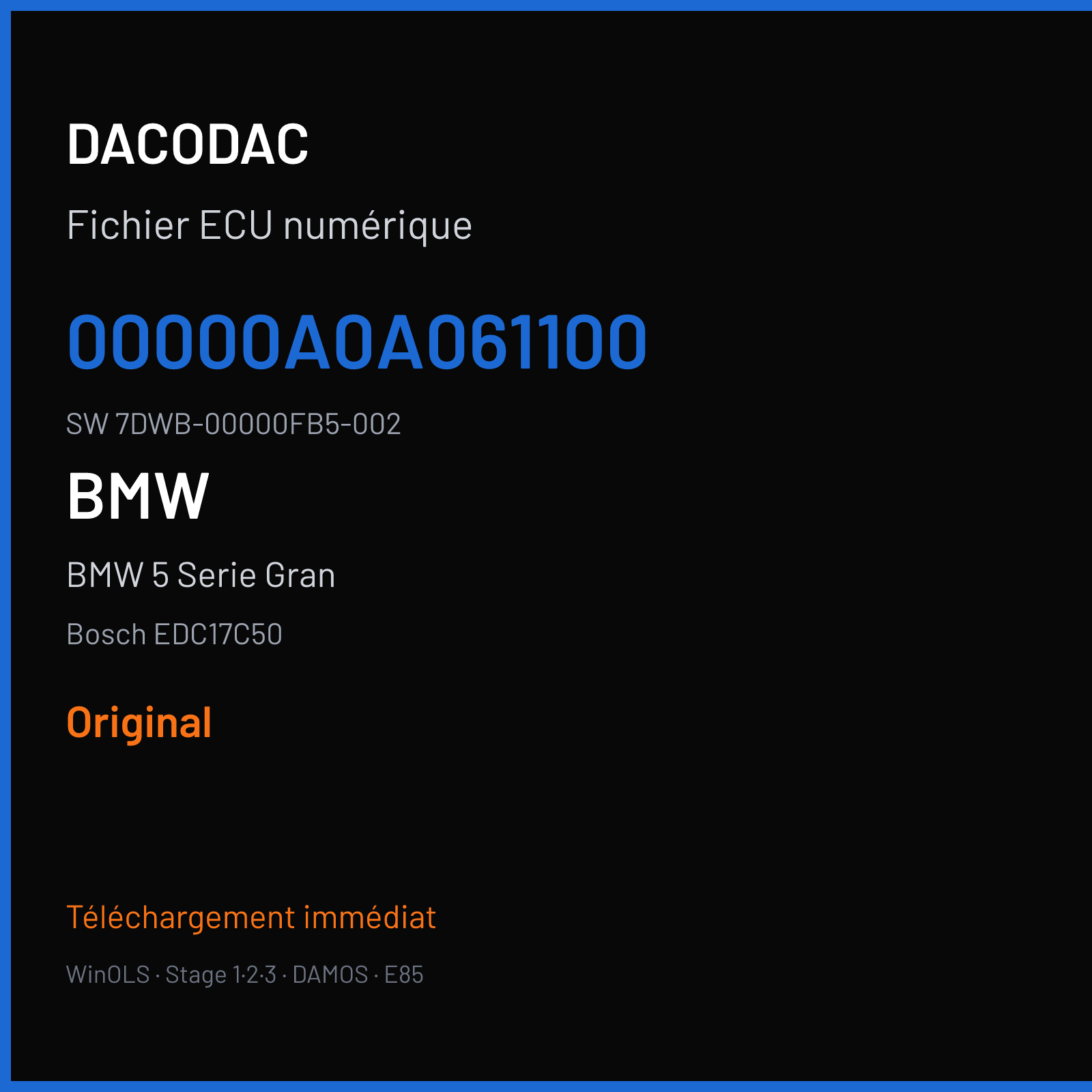 BMW 5 Serie Gran 184 ch (2012) — Bosch EDC17C50 — 00000A0A061100 · 7DWB-00000FB5-002 · 525034 — Original