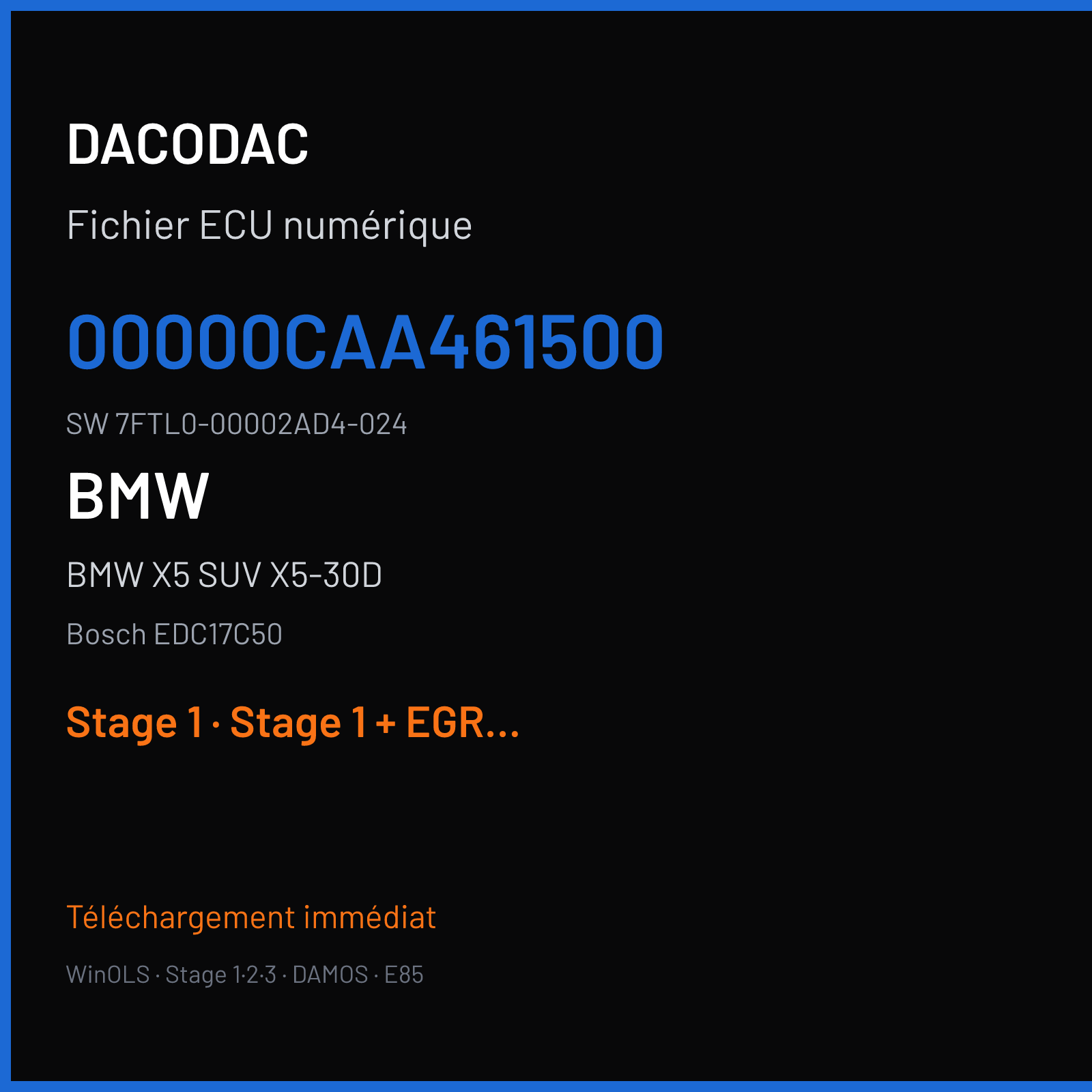 BMW X5 SUV X5-30D 258 ch — Bosch EDC17C50 — 00000CAA461500 · 7FTL0-00002AD4-024 · 550602 — Stage 1