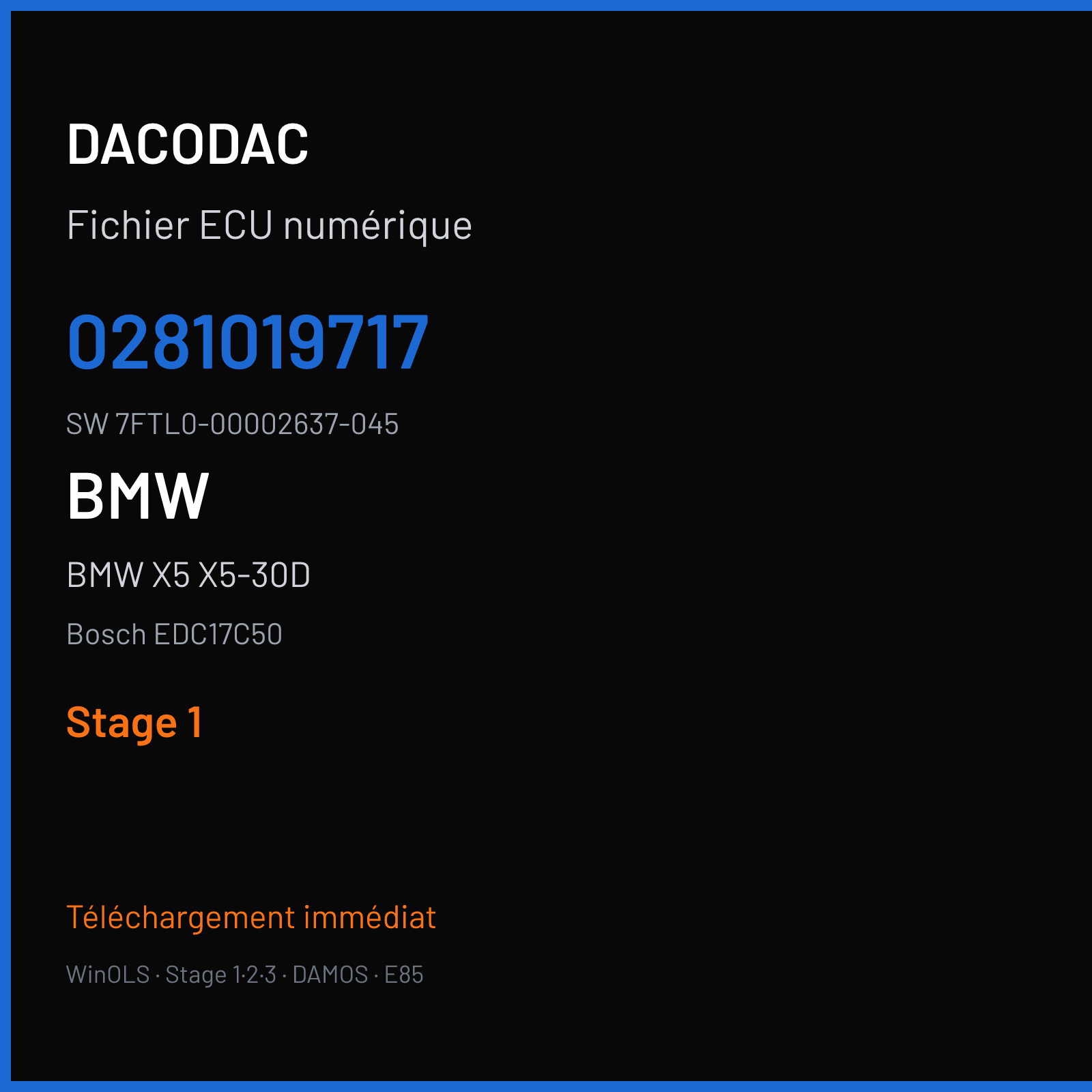 BMW X5 X5-30D 258 ch (2015) — Bosch EDC17C50 — 0281019717 · 7FTL0-00002637-045 — Stage 1