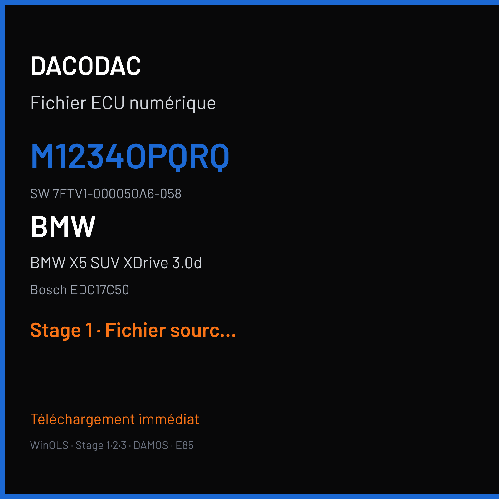 BMW X5 SUV XDrive 3.0d 258 ch (2015) — Bosch EDC17C50 — M1234OPQRQ · 7FTV1-000050A6-058 · DDE741 — Stage 1