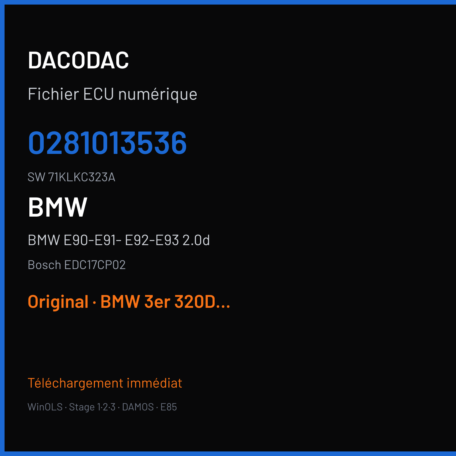 BMW E90-E91- E92-E93 2.0d 177 ch (2008) — Bosch EDC17CP02 — 0281013536 · 71KLKC323A · S22721 — Original